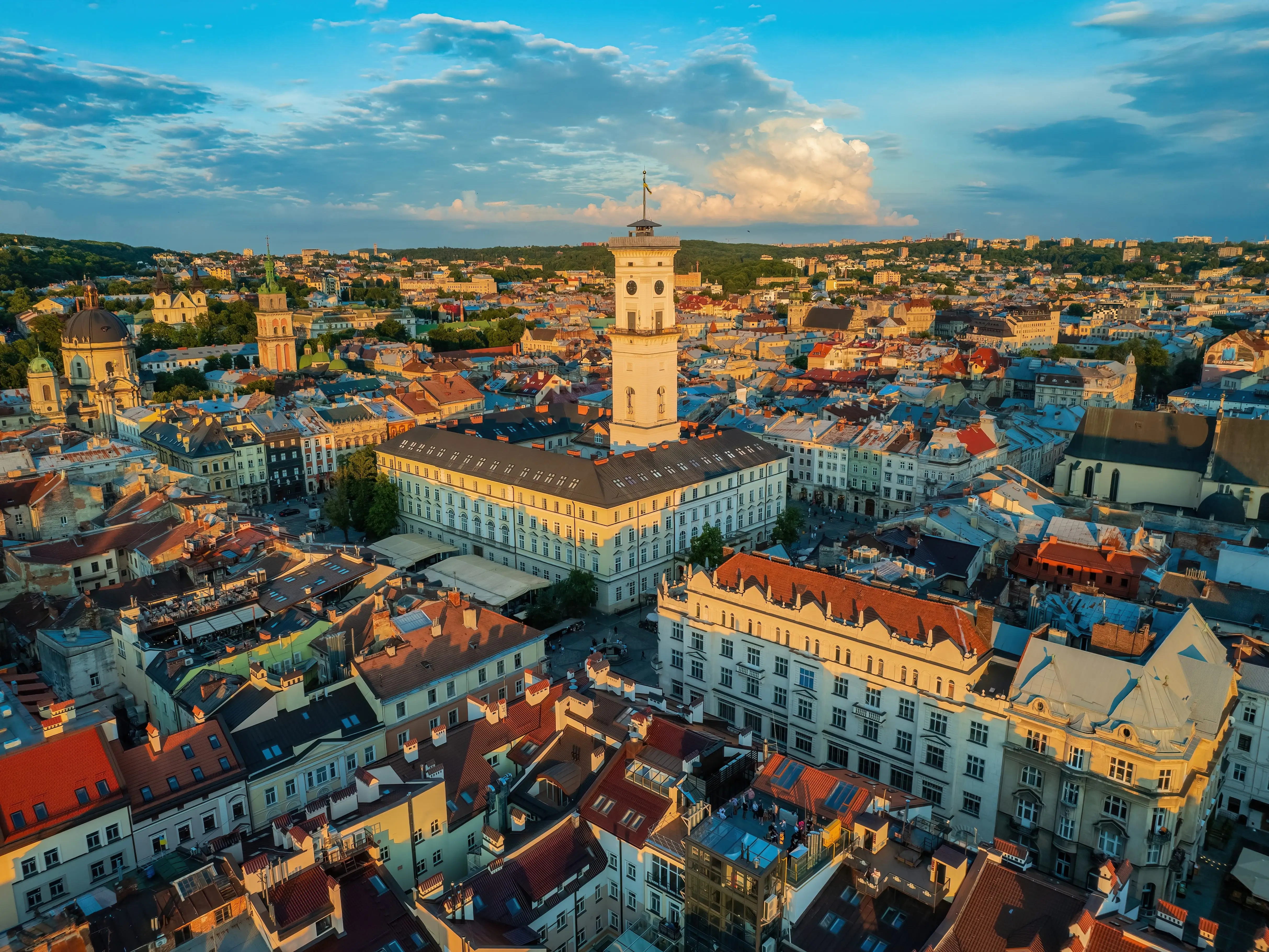Rooftops of the old town in Lviv in Ukraine during the day.