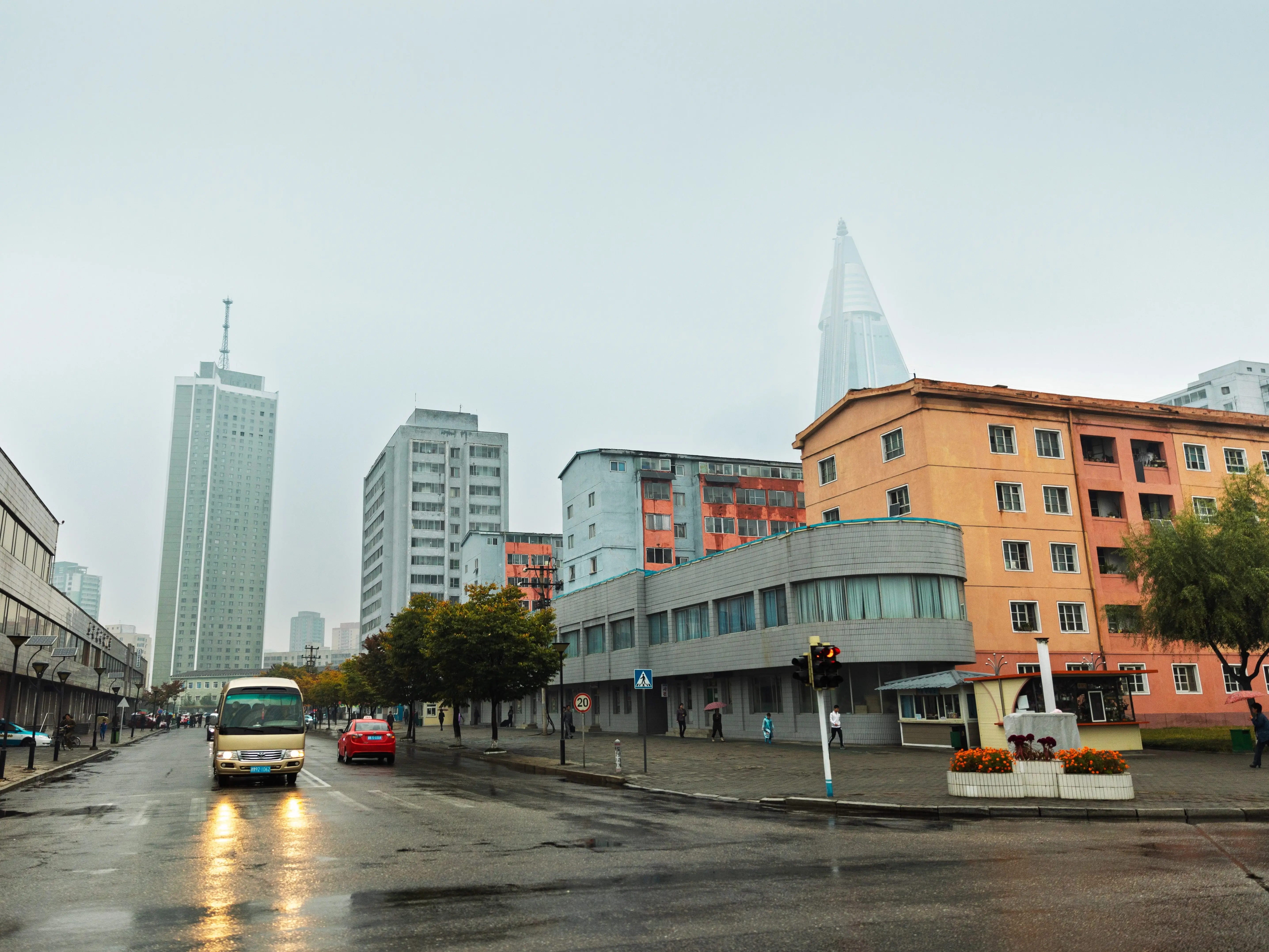 The skyline view of Ryugyong Hotel, an unfinished 105-story pyramid-shaped skyscraper & the first tall building in Pyongyang city, the capital of North Korea (DPRK)