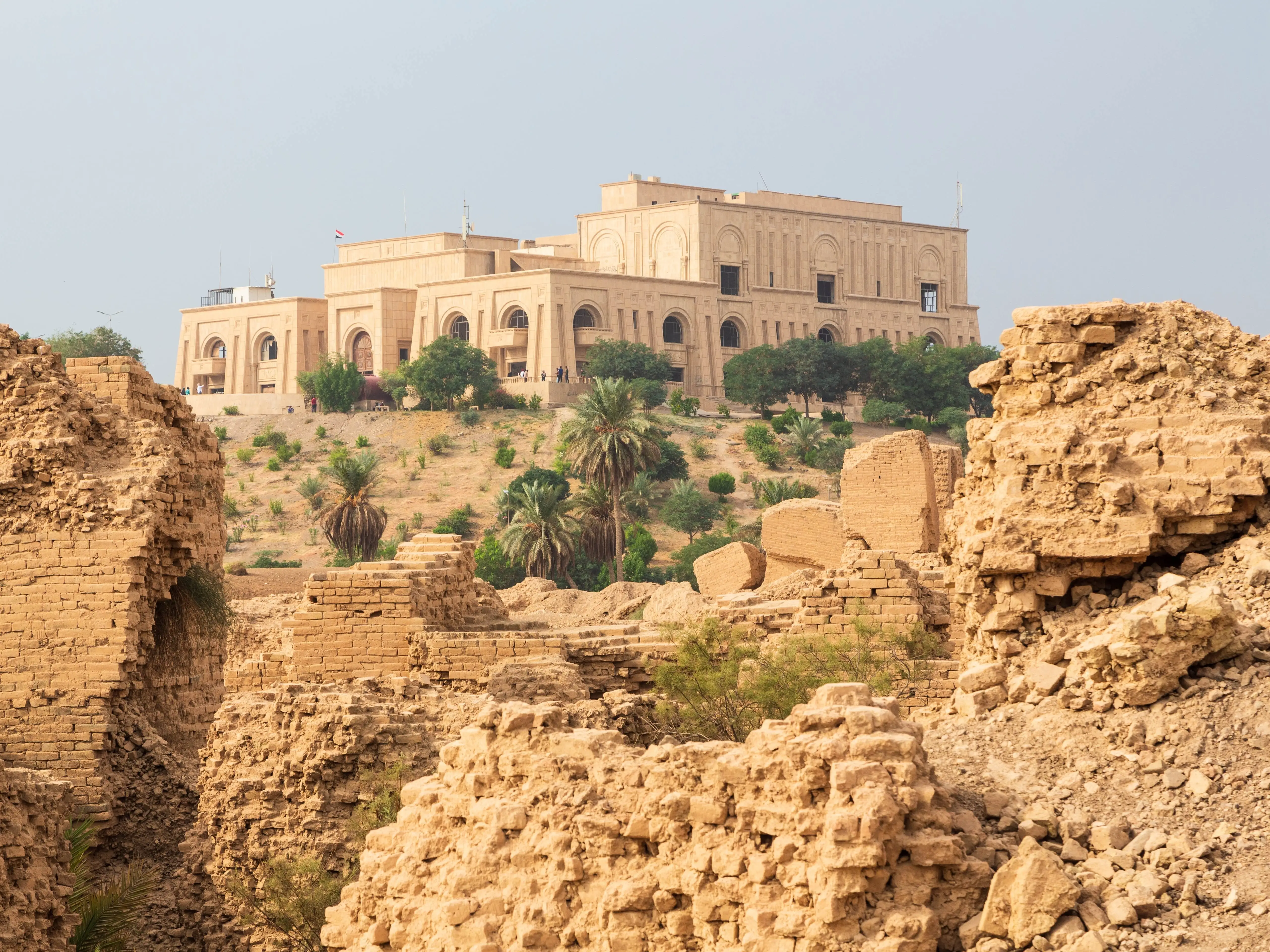 Ruins of Babylon and palace of Saddam Hussain. Babylon, Iraq. Ishtar gate and Hanging gardens