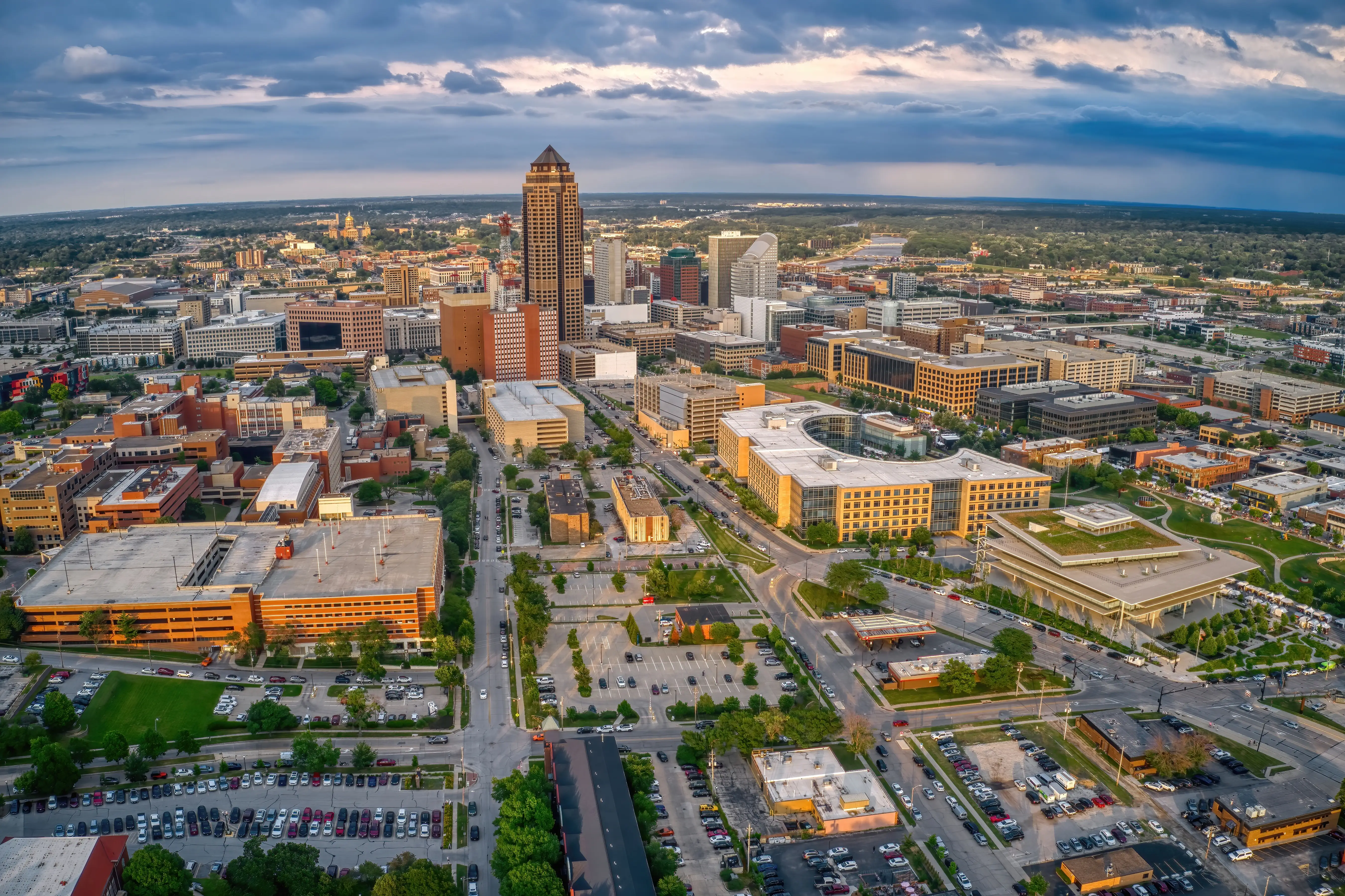 Aerial View of the Des Moine, Iowa Skyline facing West