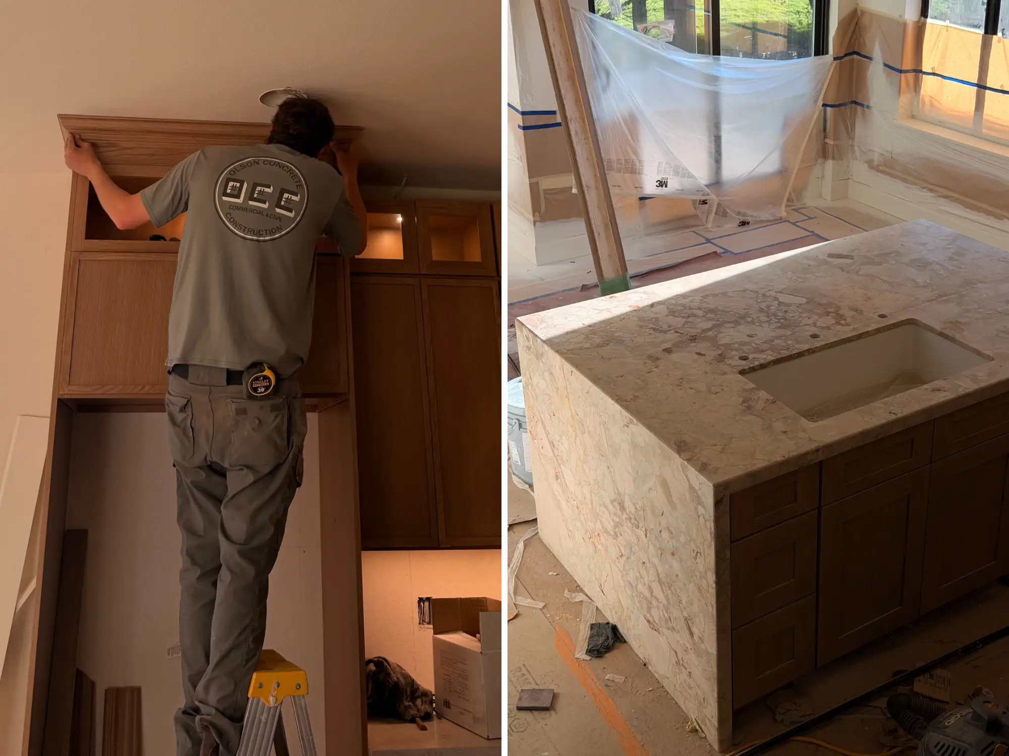 A side-by-side of a man building cabinets in a kitchen and a large island in the same kitchen.