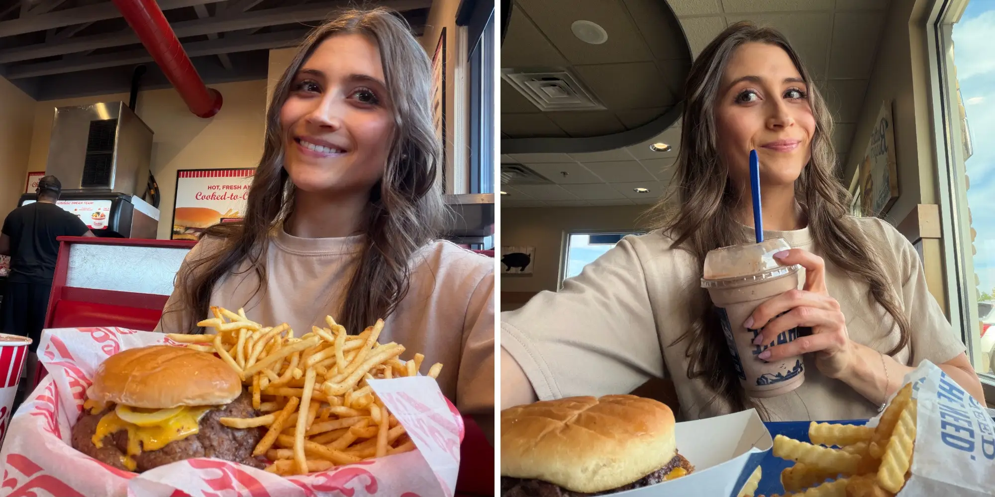 Side by side composite of woman with burger and fries at Freddy's next to image of same woman with concrete, burger, and fries at Culver's
