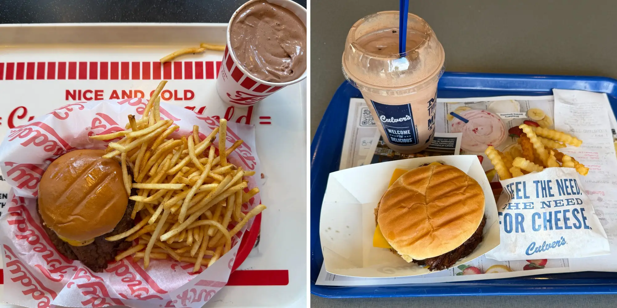 side by side of burger, fries, and concrete at Freddy's next to photo of burger, fries, concrete at Culver's