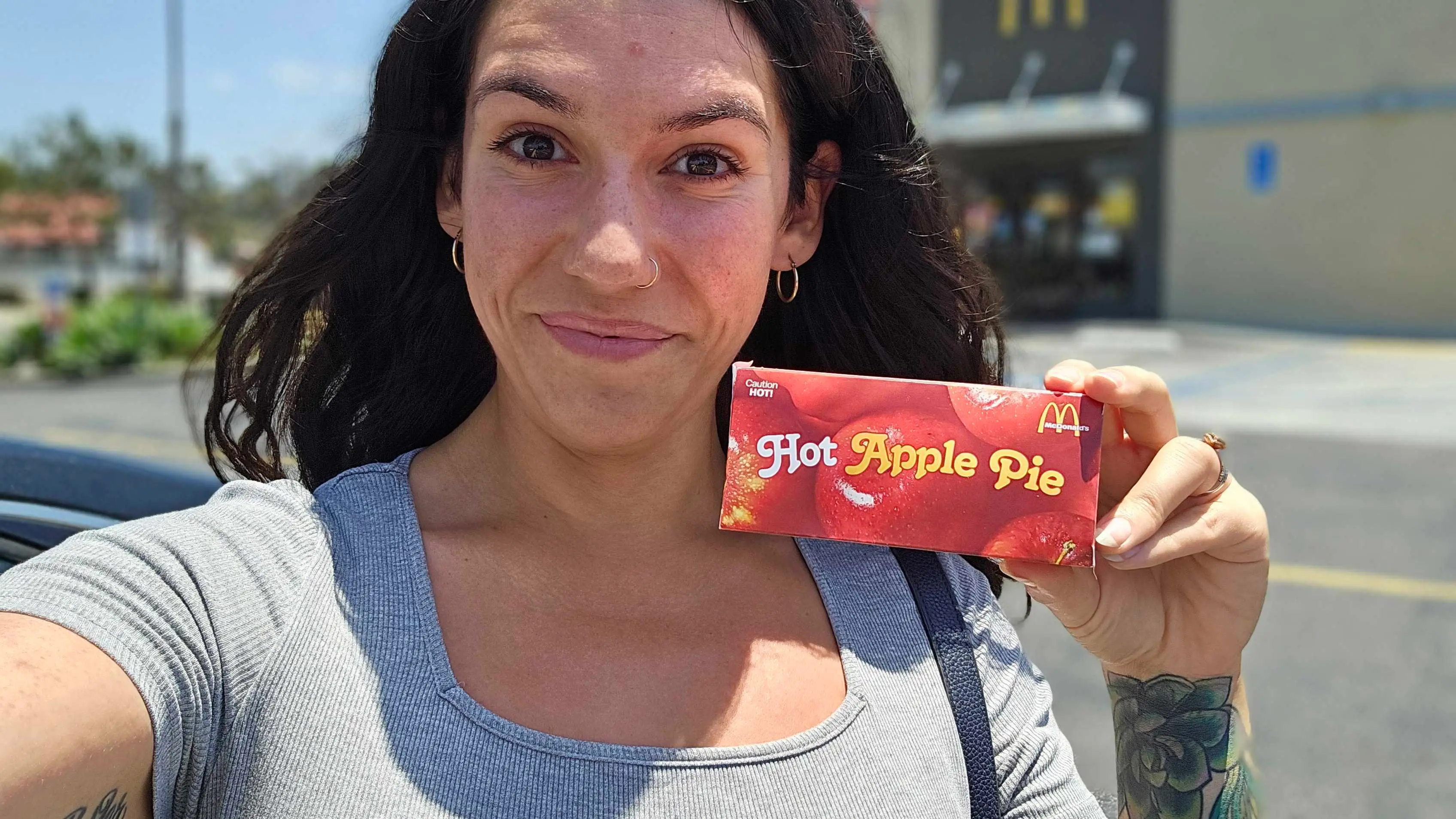 Katherine Tangalakis-Lippert holds the box for a McDonald's fried apple pie