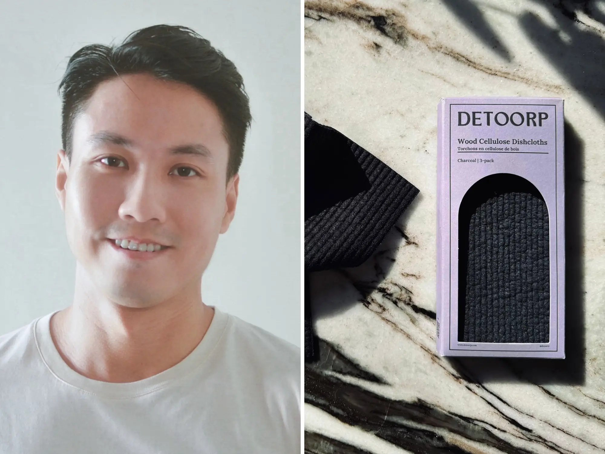 headshot of a man split with a dish cloth