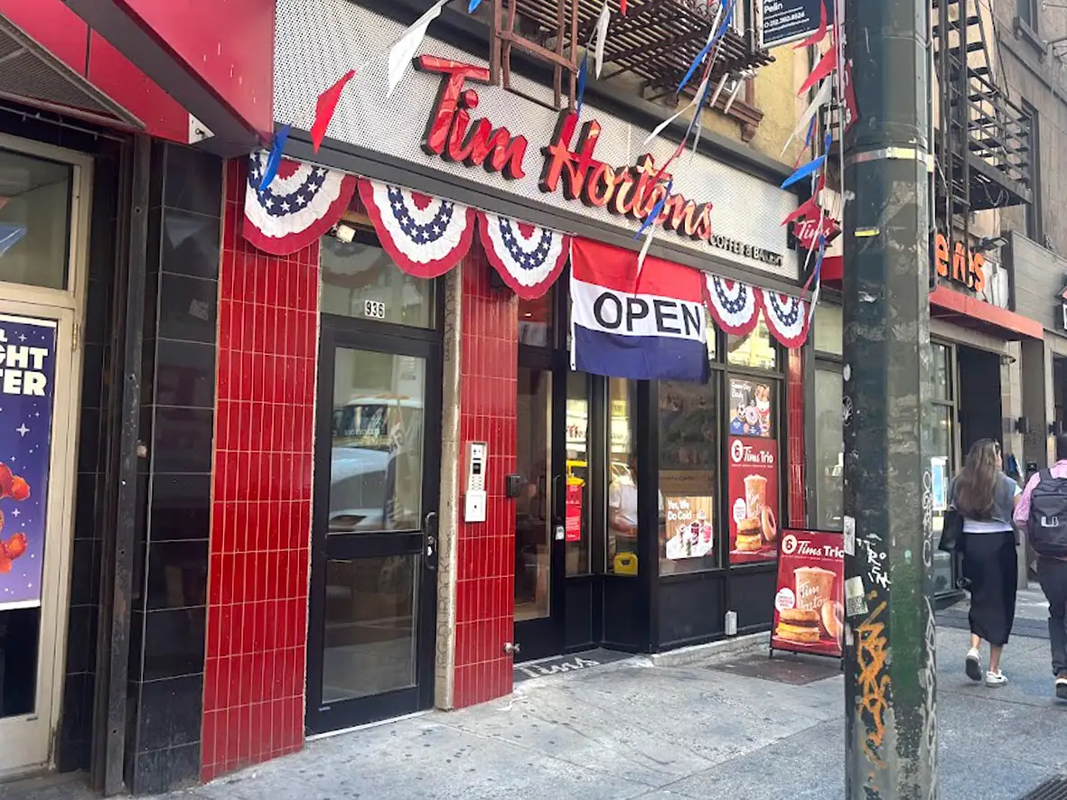 The exterior of a Tim Horton's location in Manhattan.
