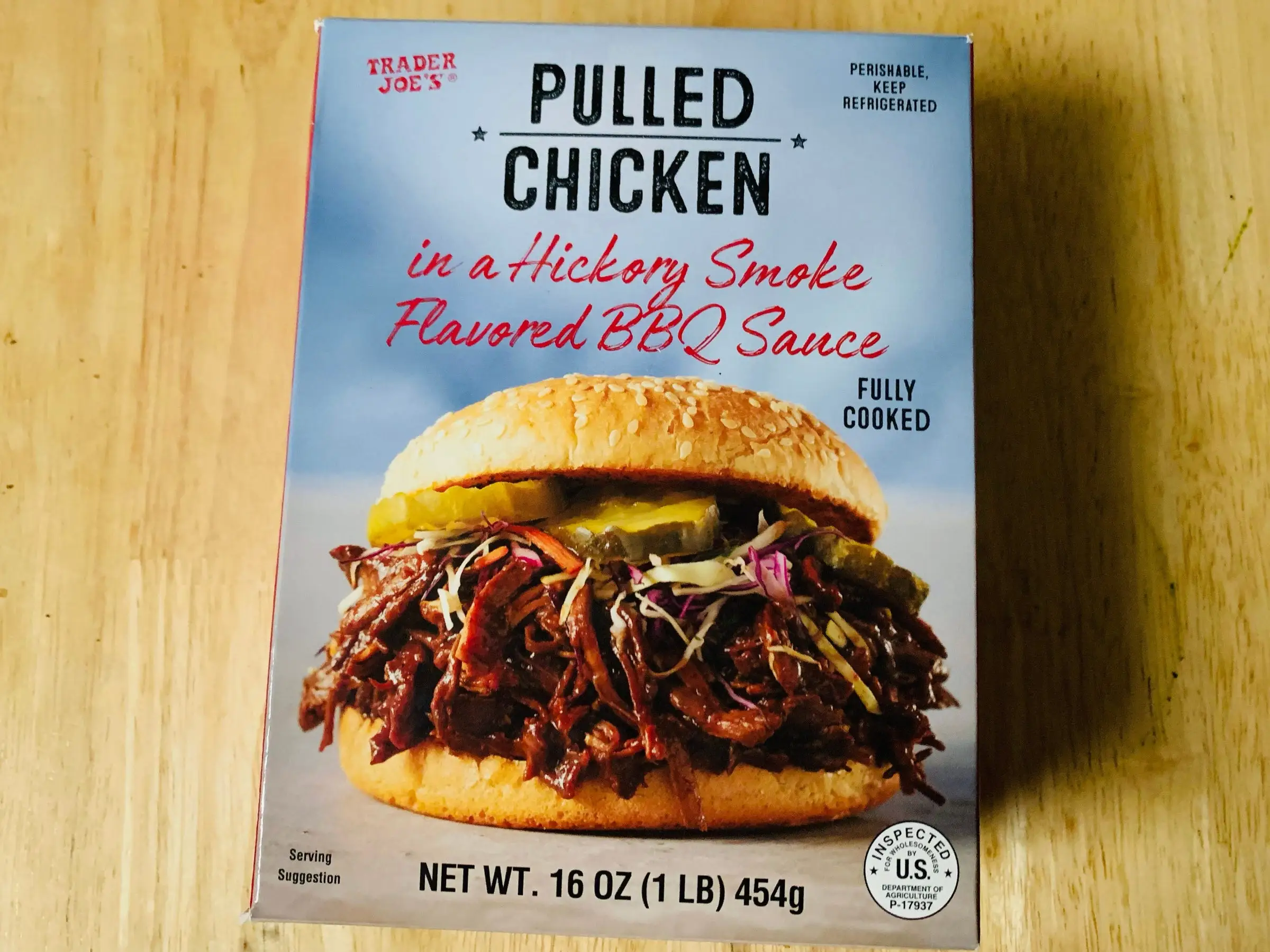 A box of Trader Joe's barbecue pulled chicken.