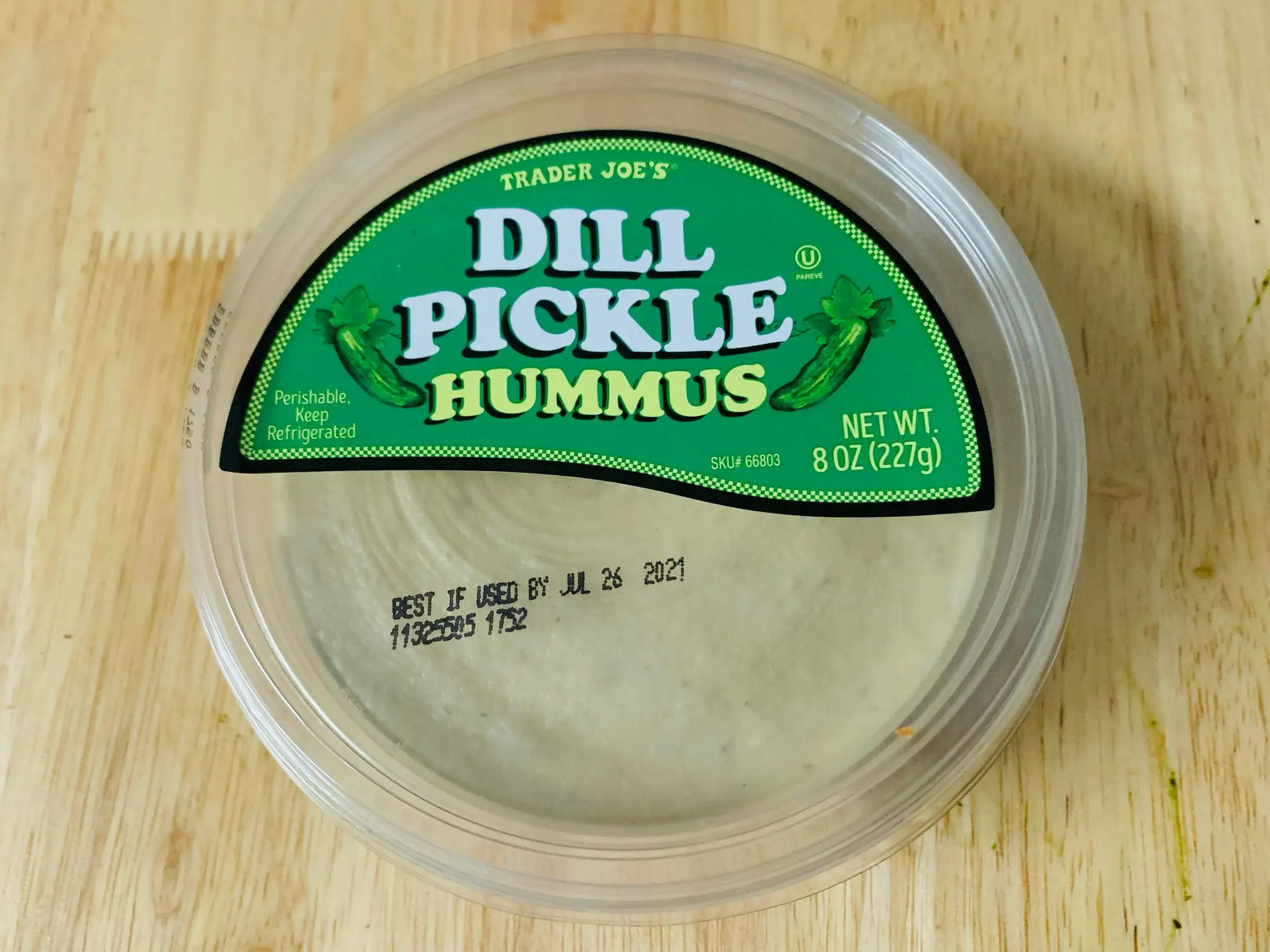 A container of Trader Joe's dill-pickle hummus.