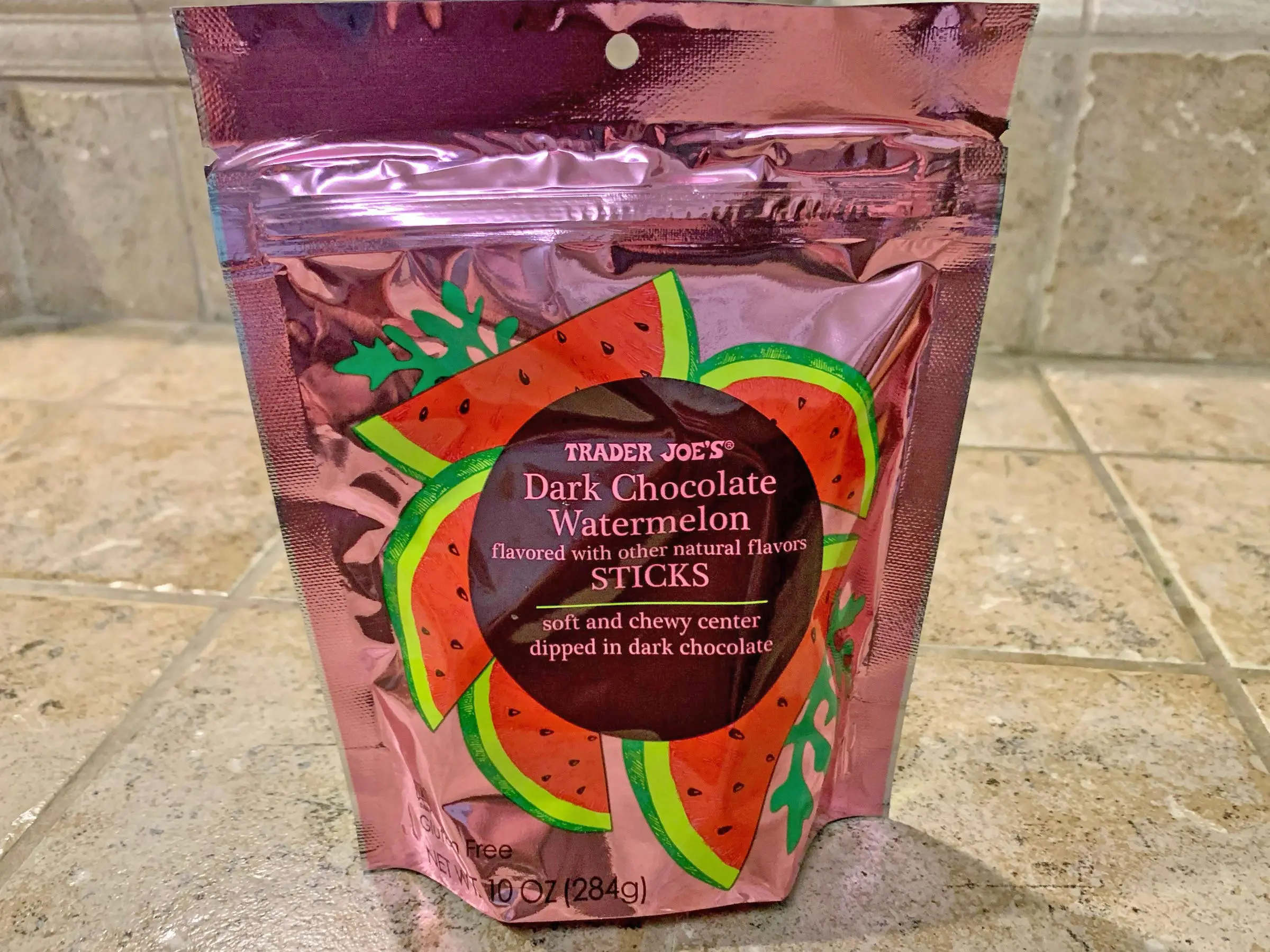 A bag of Trader Joe's chocolate watermelon sticks.
