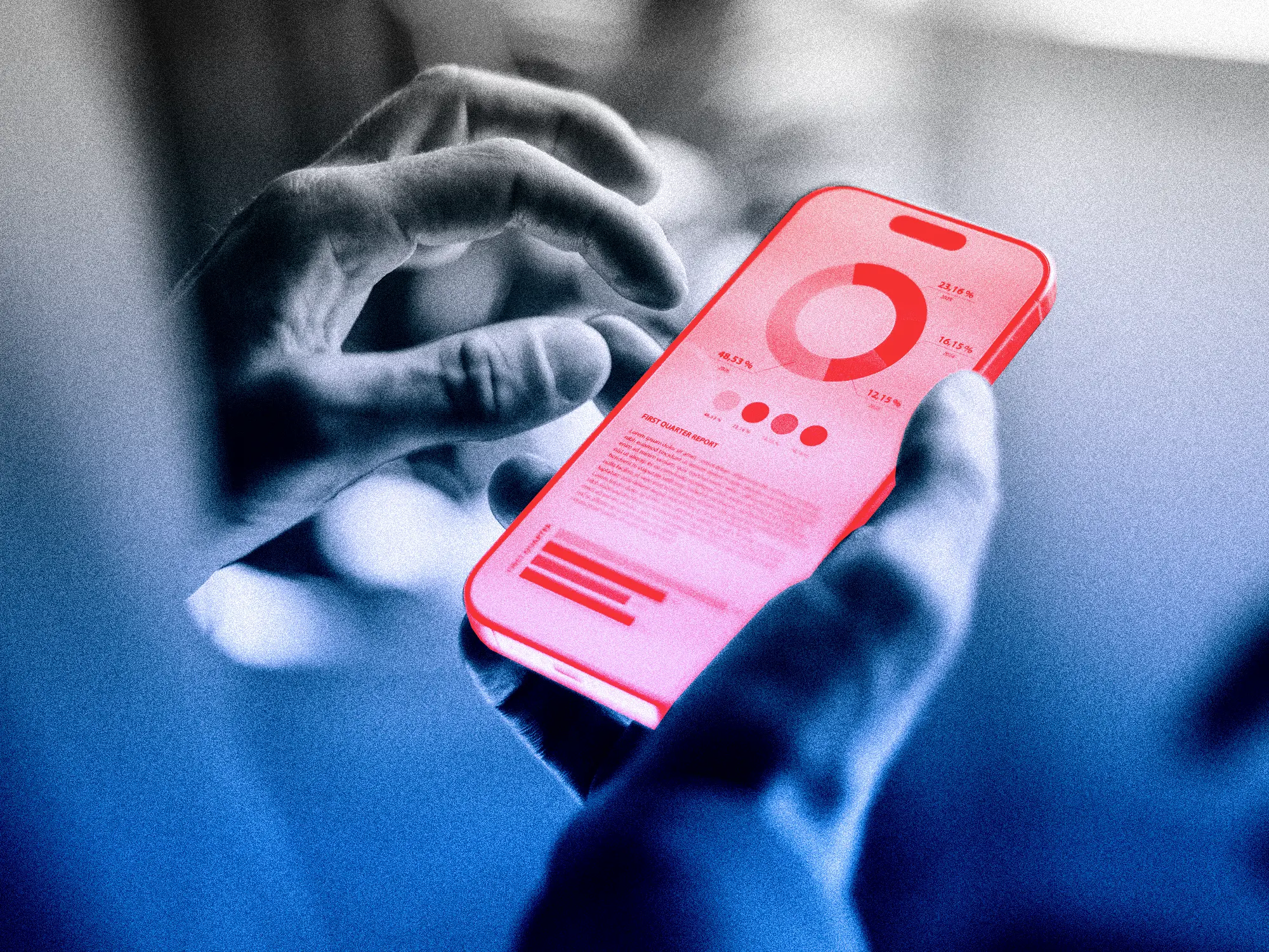 A photo treatment of a person viewing analytics on cell phone