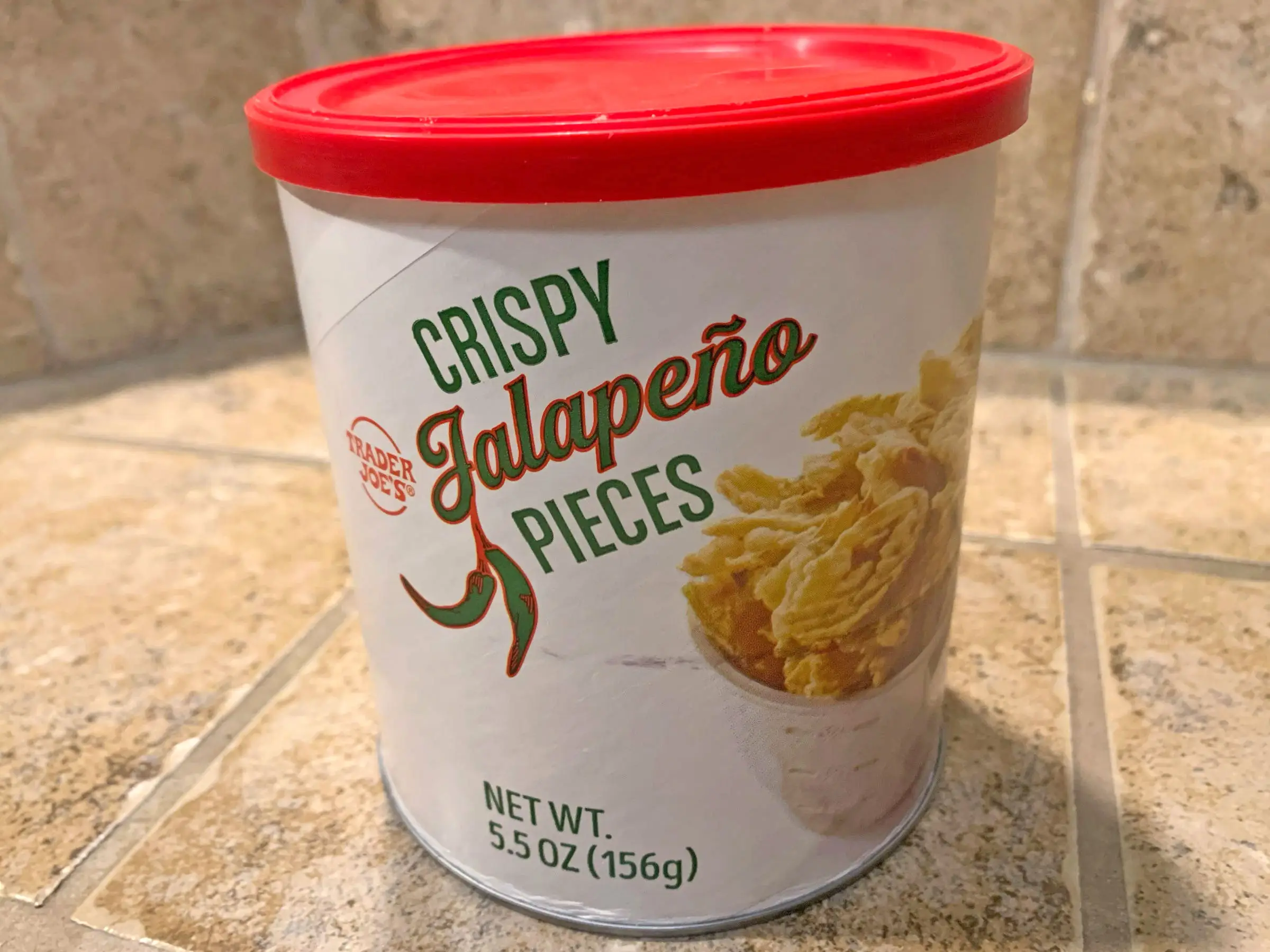 A container of Trader Joe's crispy jalapeño pieces.