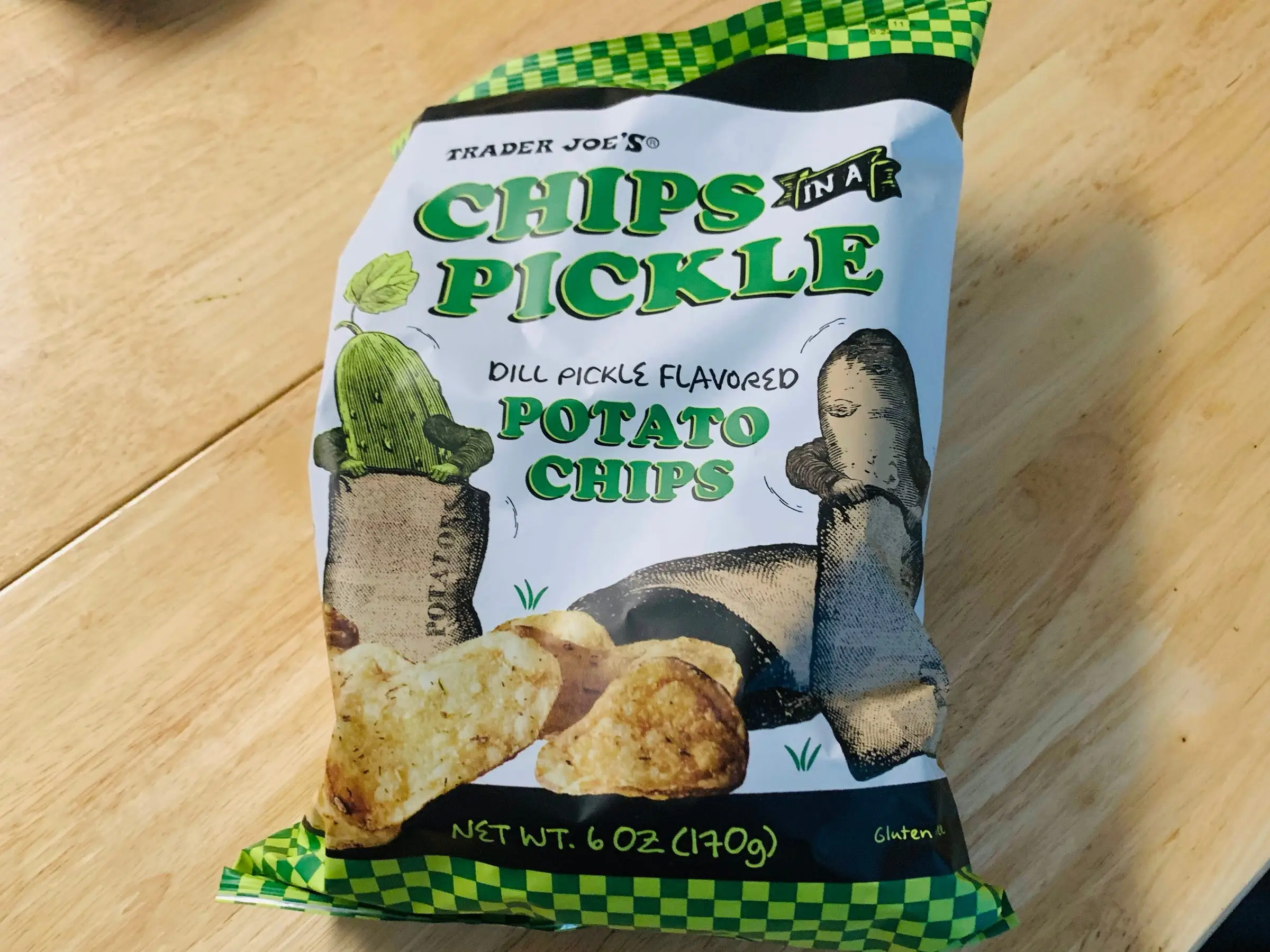 A bag of Trader Joe's dill-pickle-flavored chips.