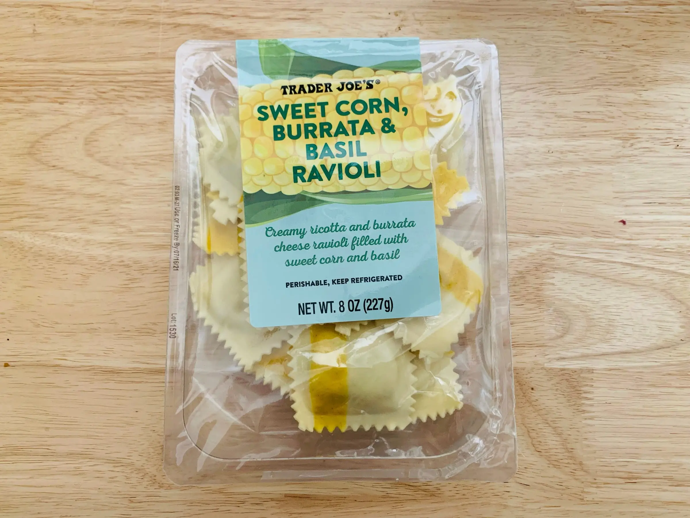 A container of Trader Joe's sweet corn and burrata ravioli.