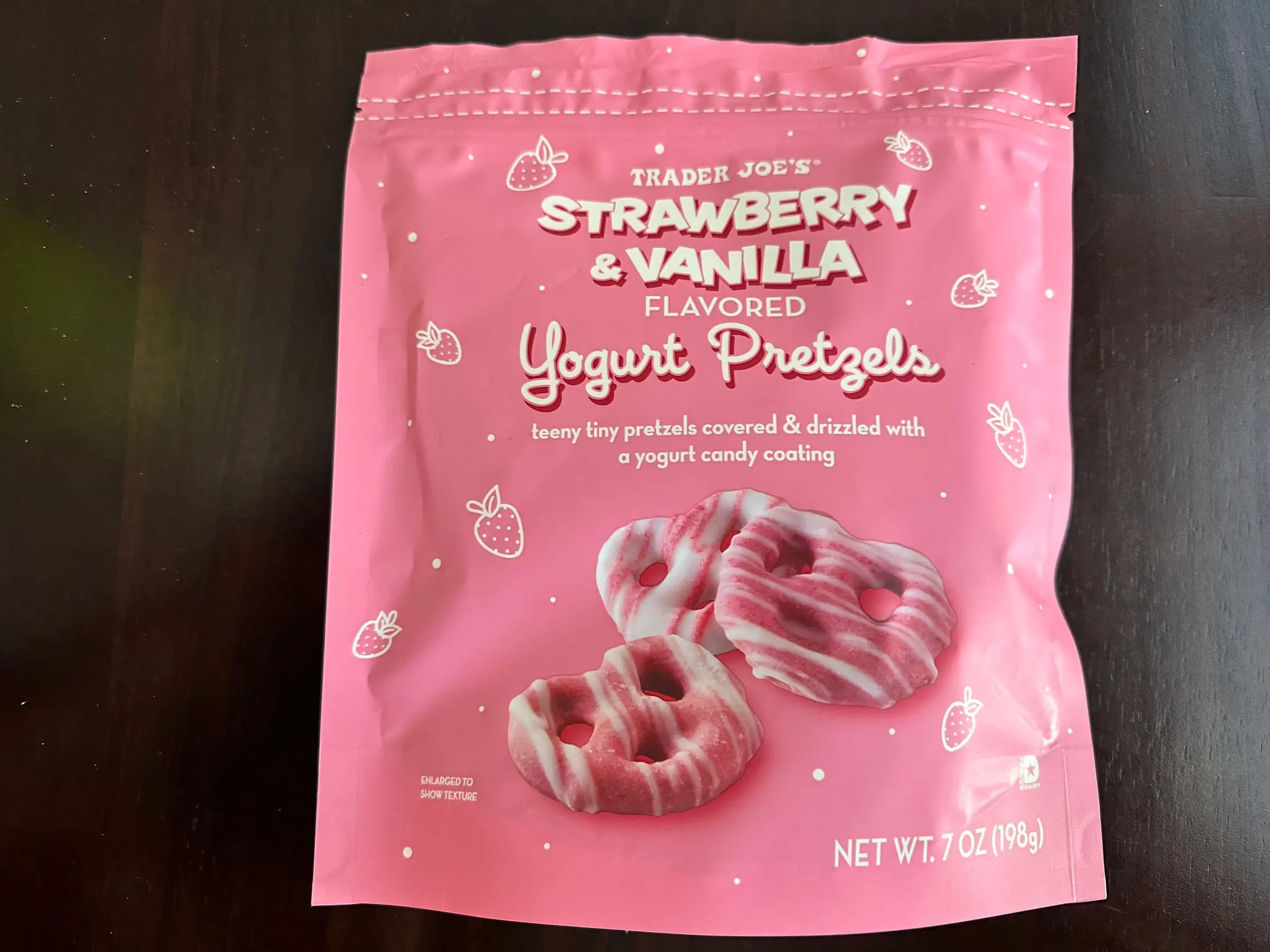 A bag of Trader Joe's strawberry-and-vanilla-dipped yogurt pretzels.