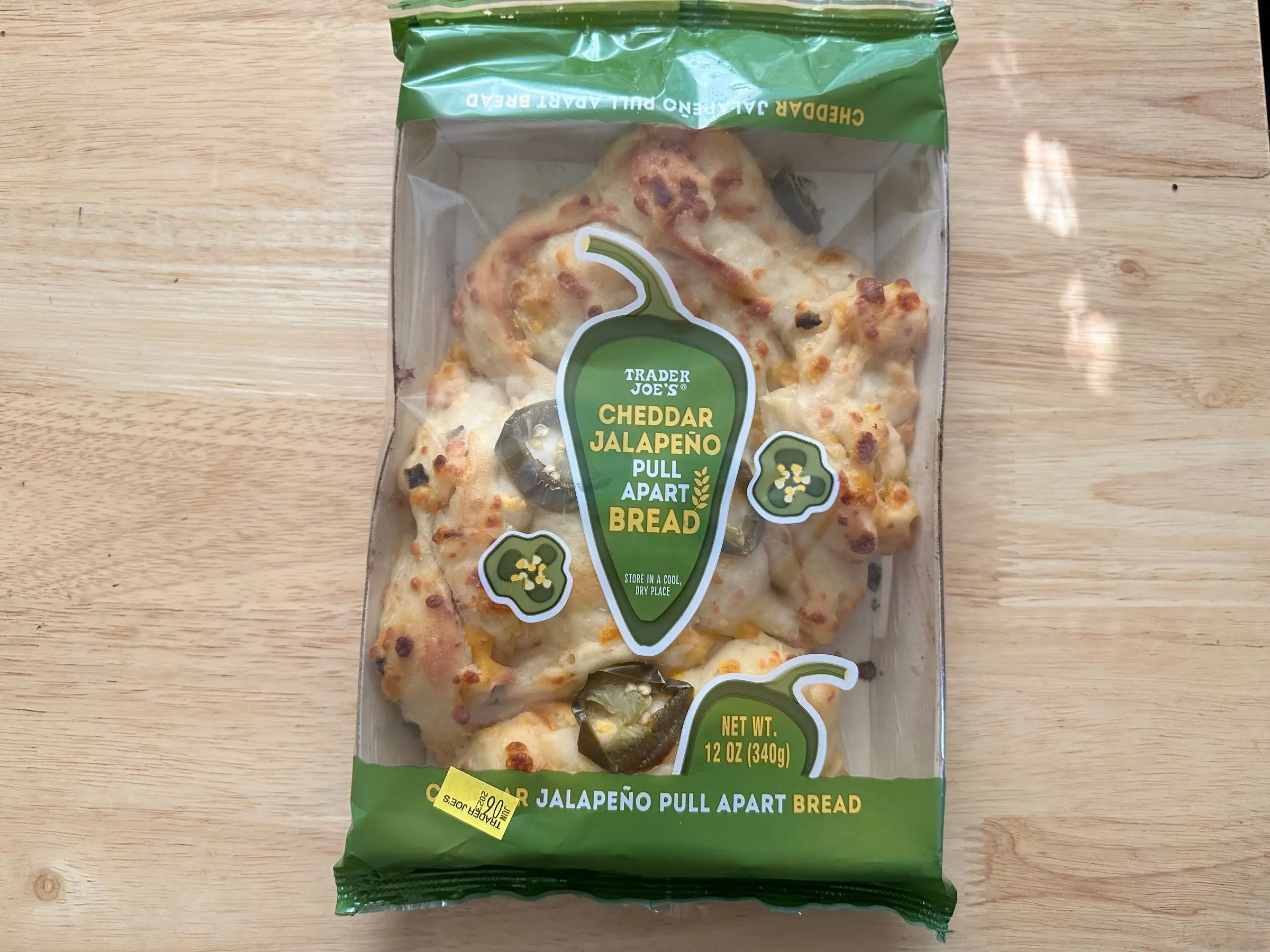 A package of Trader Joe's cheddar-jalapeño pull-apart bread.
