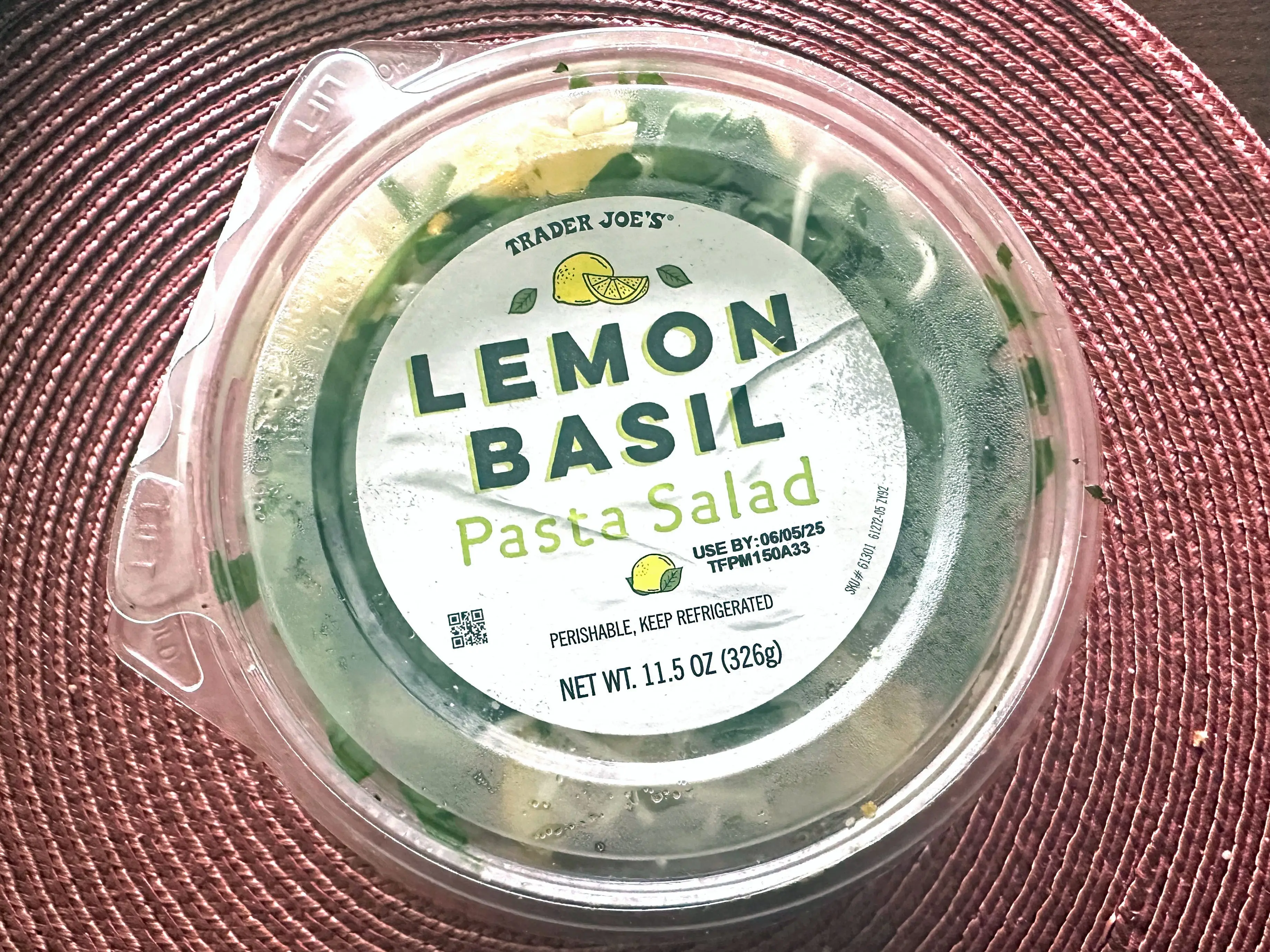 A container of Trader Joe's lemon-basil pasta salad.