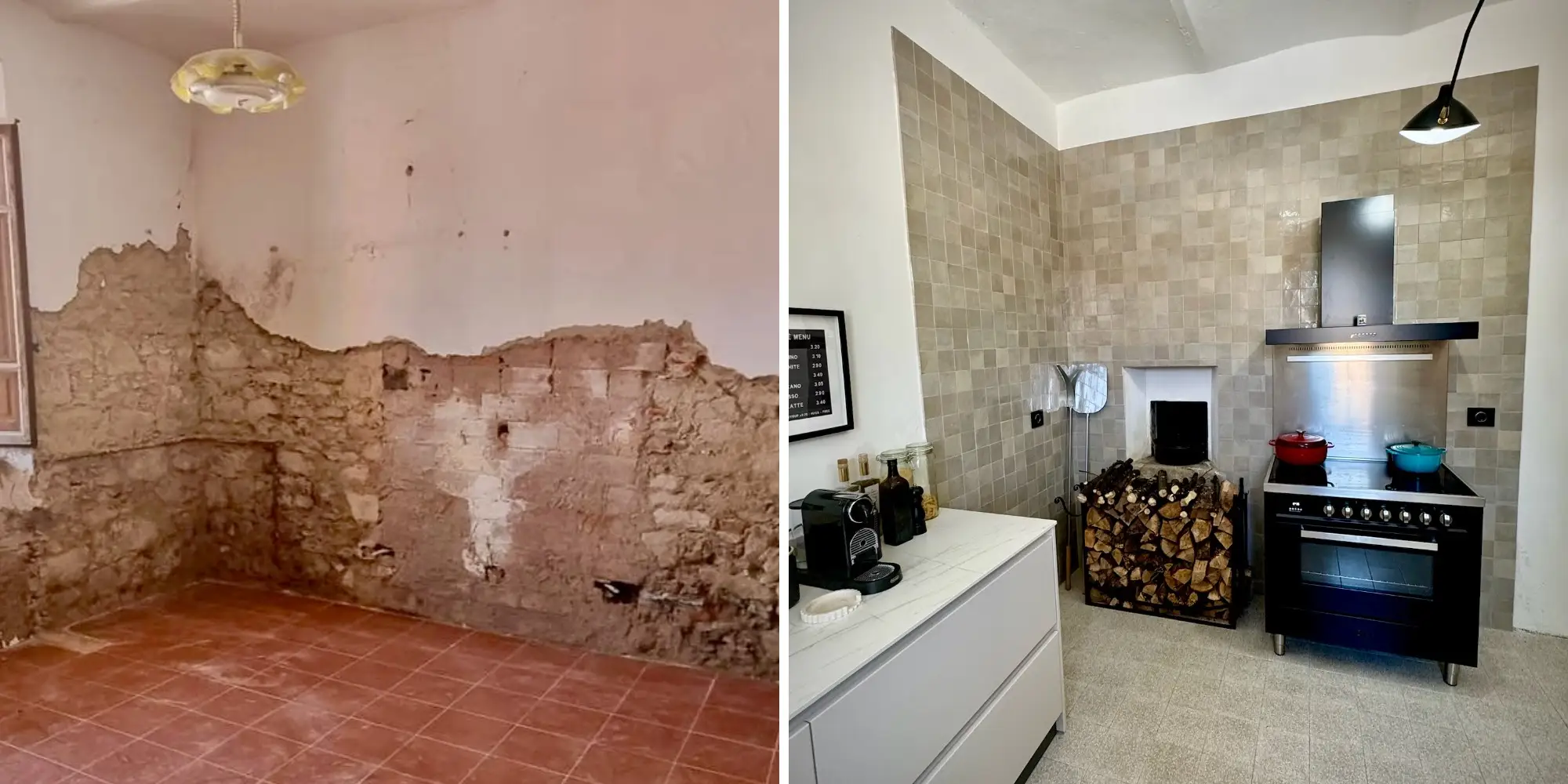 Side by side of before and after showing room with damaged walls next to room with kitchen area, wood stack