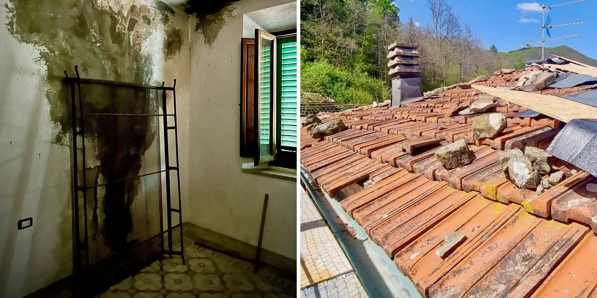 Side by side of green, water damaged walls next to view of damaged tiles on roof