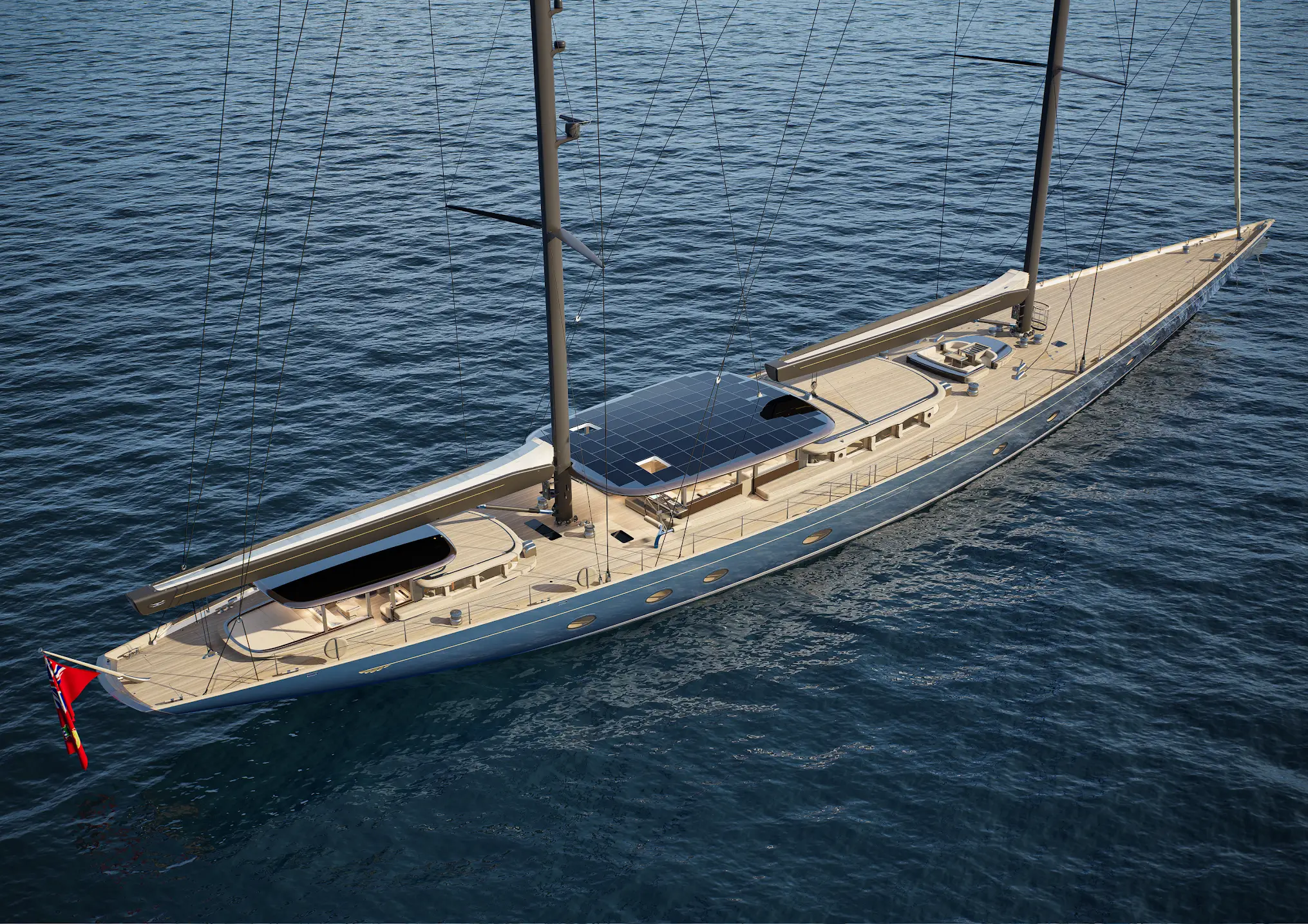 Large sailing yacht with tall masts and teak deck cruises on open blue water.