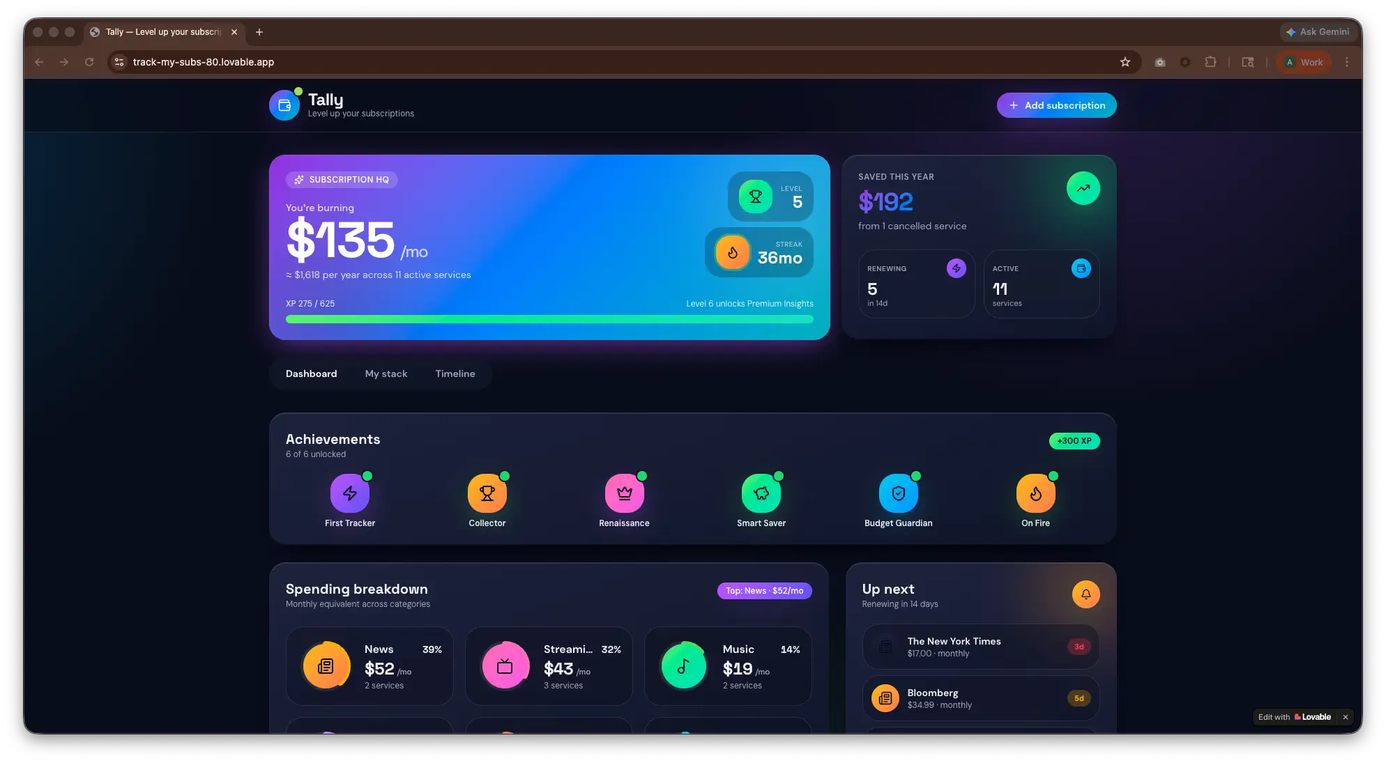 A screenshot of a subscription tracker that we AI-coded in minutes.