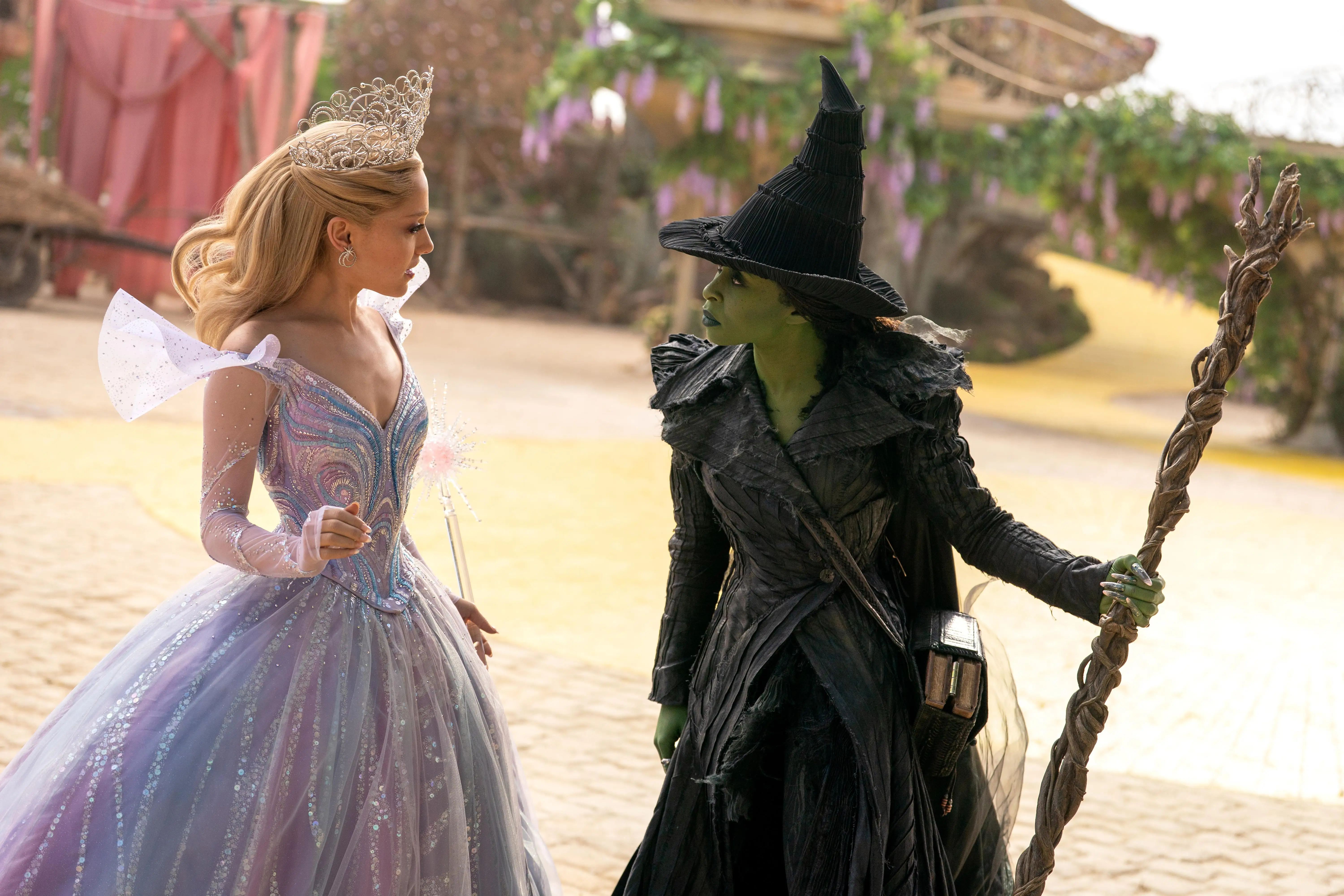 Ariana Grande and Cynthia Erivo standing next to each other in Wicked For Good movie