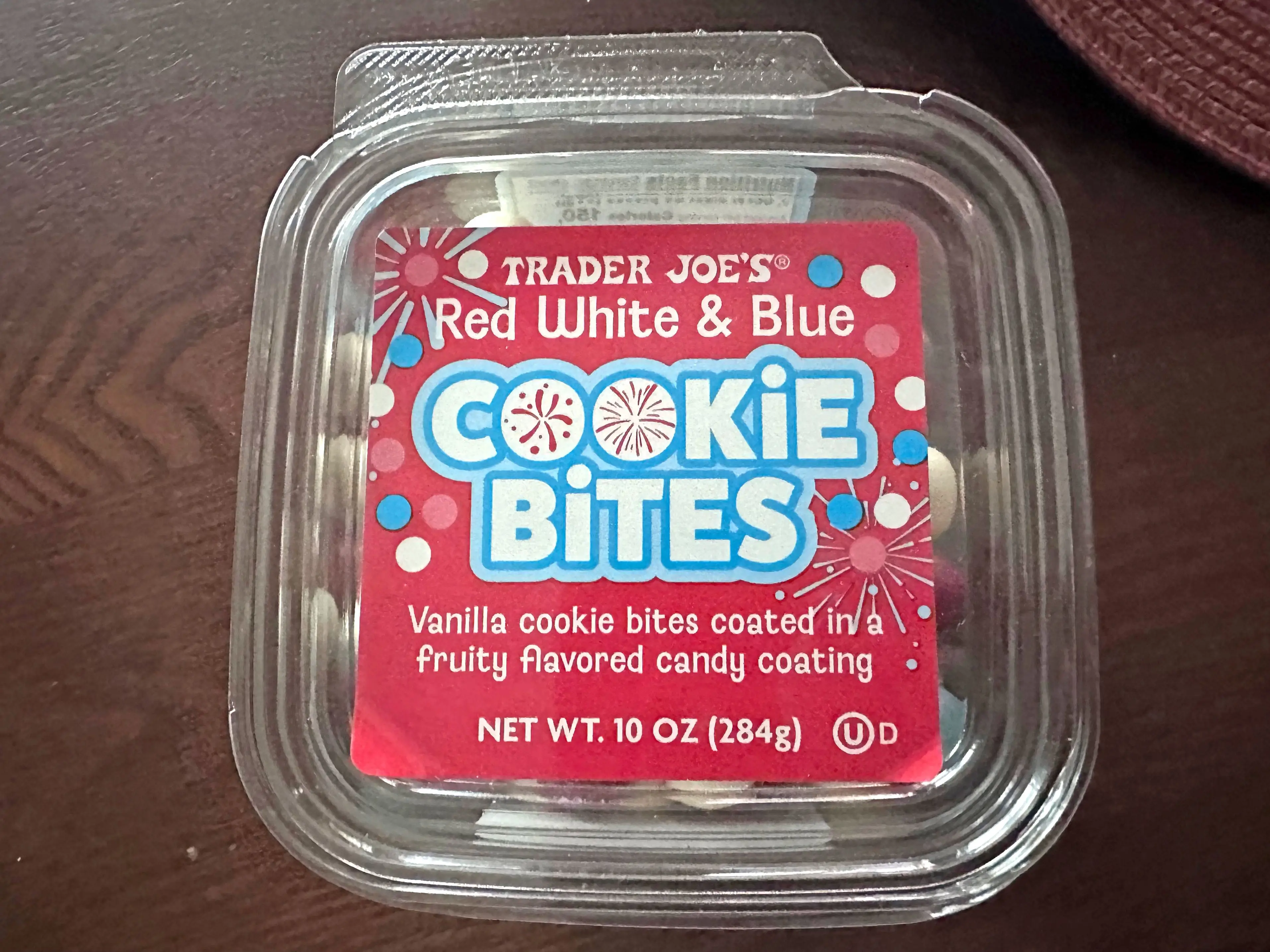 A package of Trader Joe's red, white, and blue cookie bites.