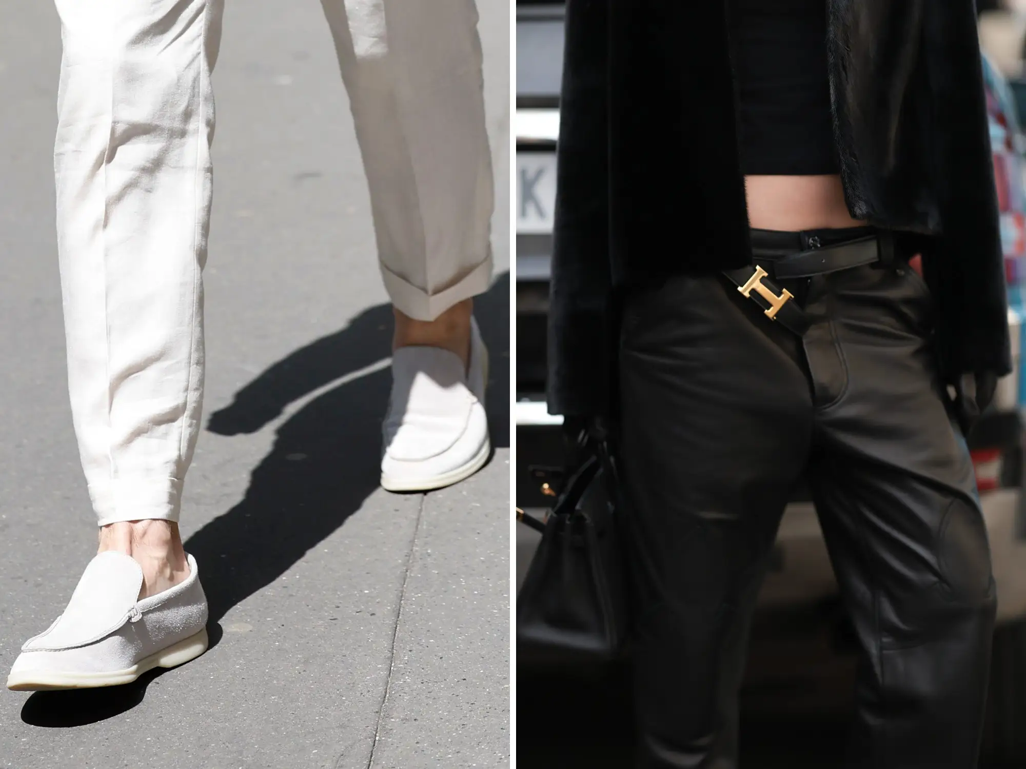Photo of Loro Piana summer loafers next to photo of Chrome Hearts trousers