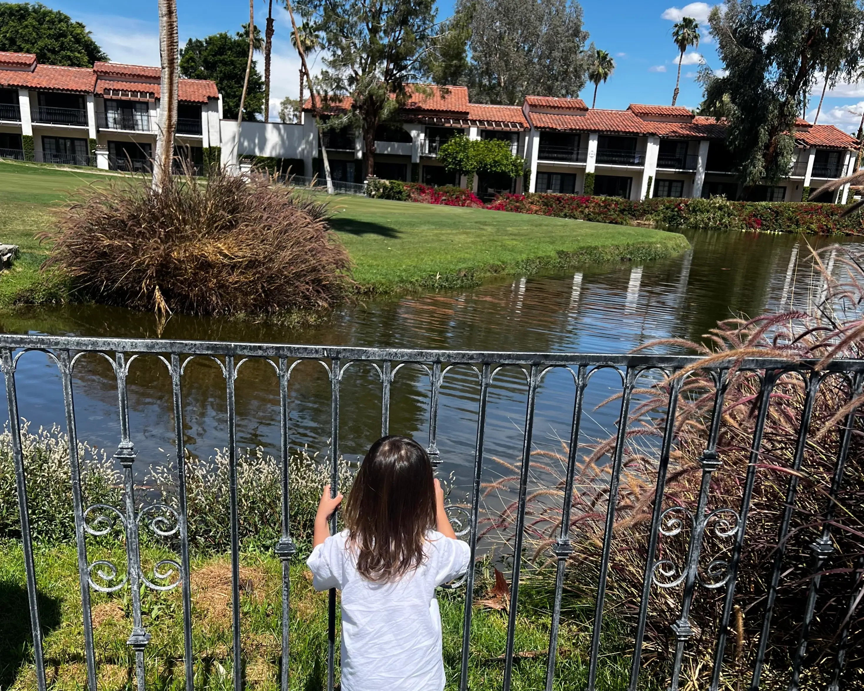 Toddler holding railings at a hotel, looking at body of water