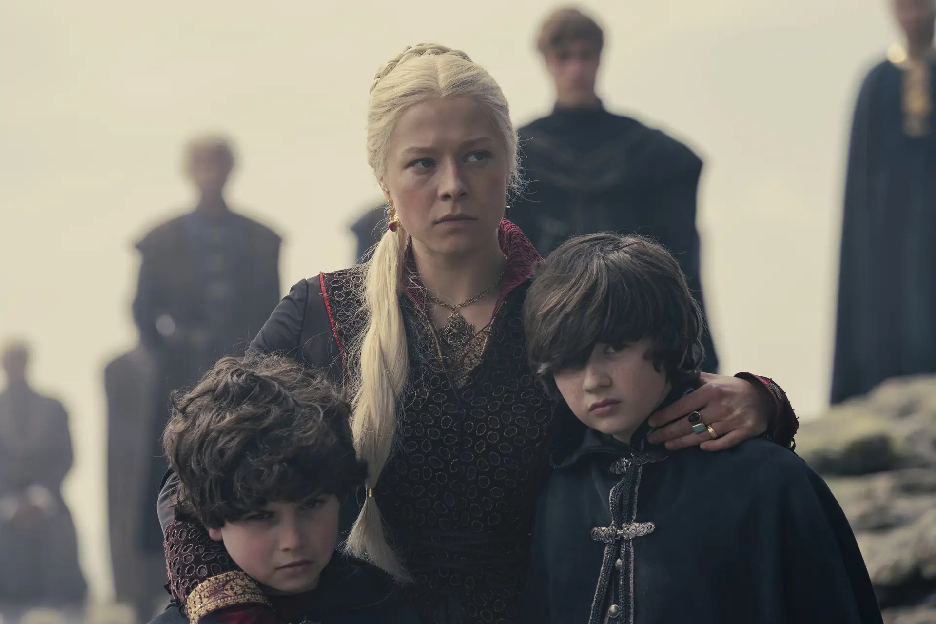 Rhaenyra Targaryen (Emma D'Arcy) with her two eldest sons in 