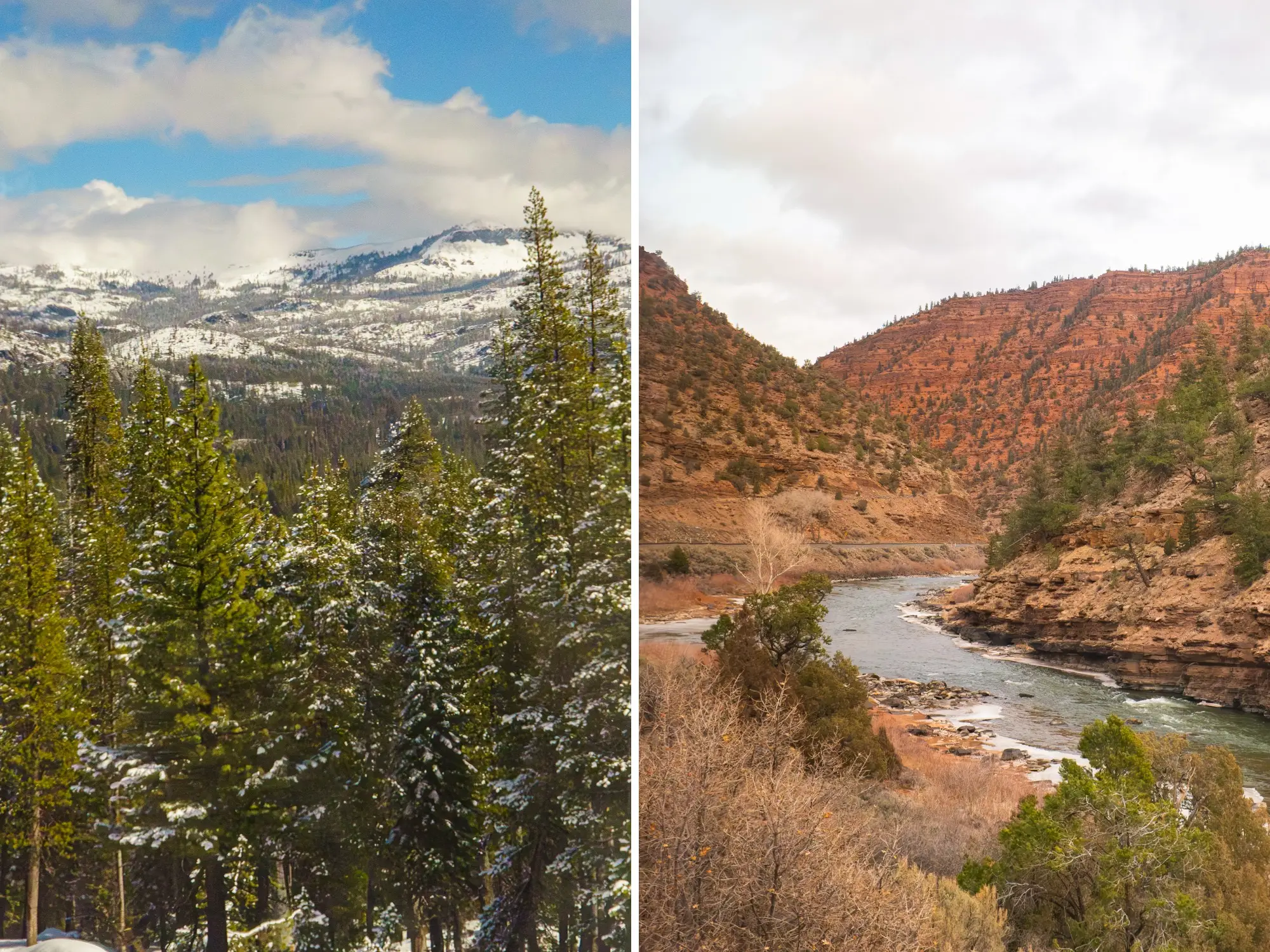 A composite image of a snowy mountain forest landscape and a landscape of a river with red dirt hills on either side