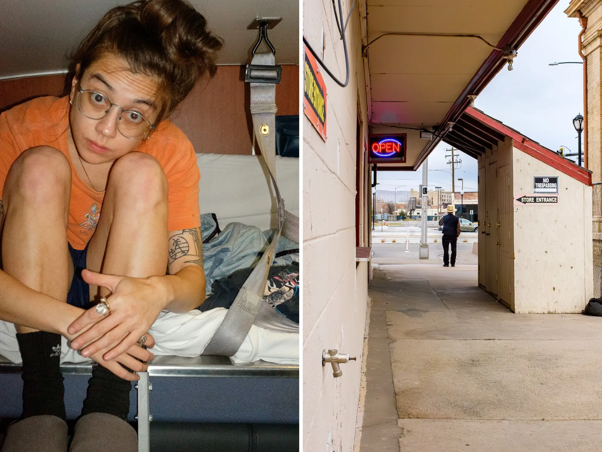 A composite image of the author crouching on the top bunk in an Amtrak bedroom and a train station building in front of a man standing in front of a street