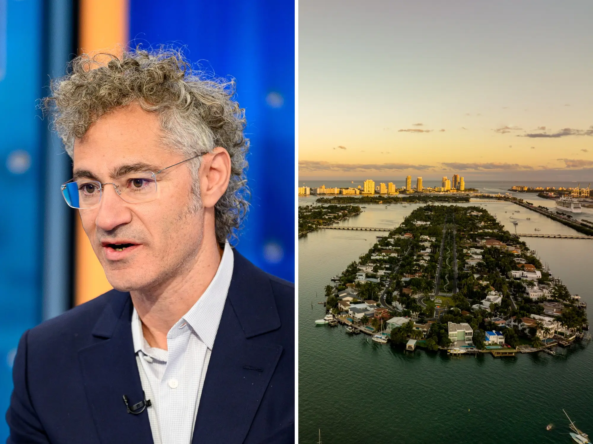 Alex Karp appears beside an aerial sunset view of a waterfront Miami Beach island and skyline.