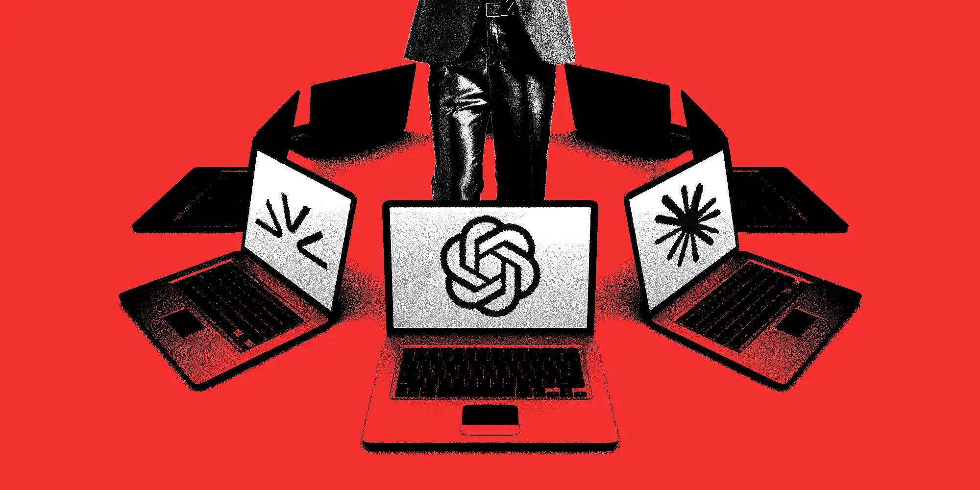 A man in the middle of a circle of laptops displaying AI logos.
