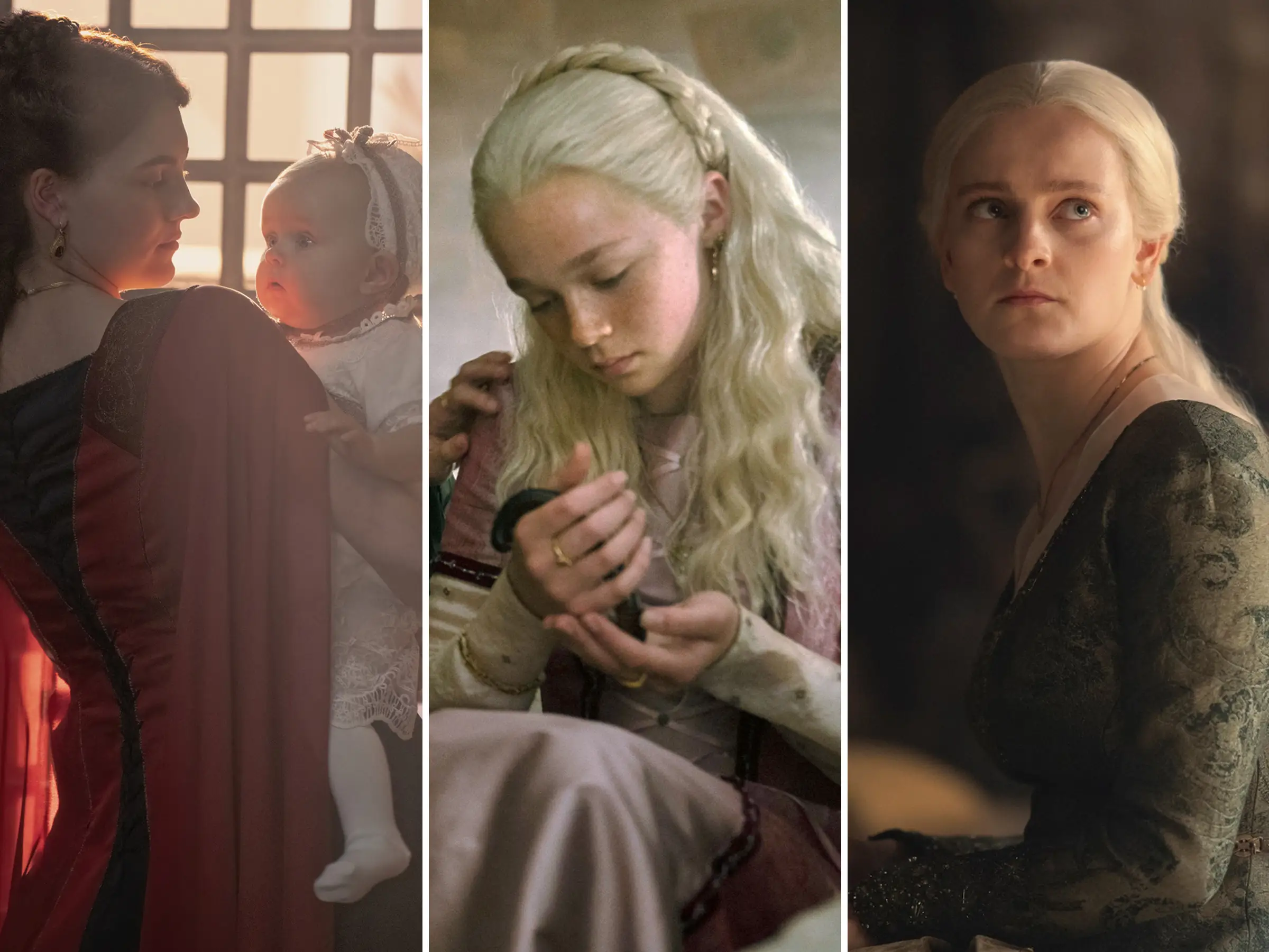 Evie Allen and Phia Saban as Helaena Targaryen in 