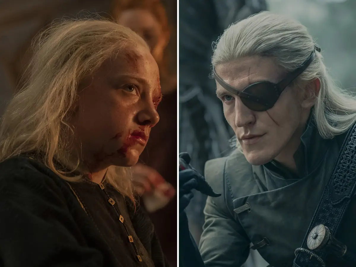 Leo Ashton and Ewan Mitchell as Aemond Targaryen in 