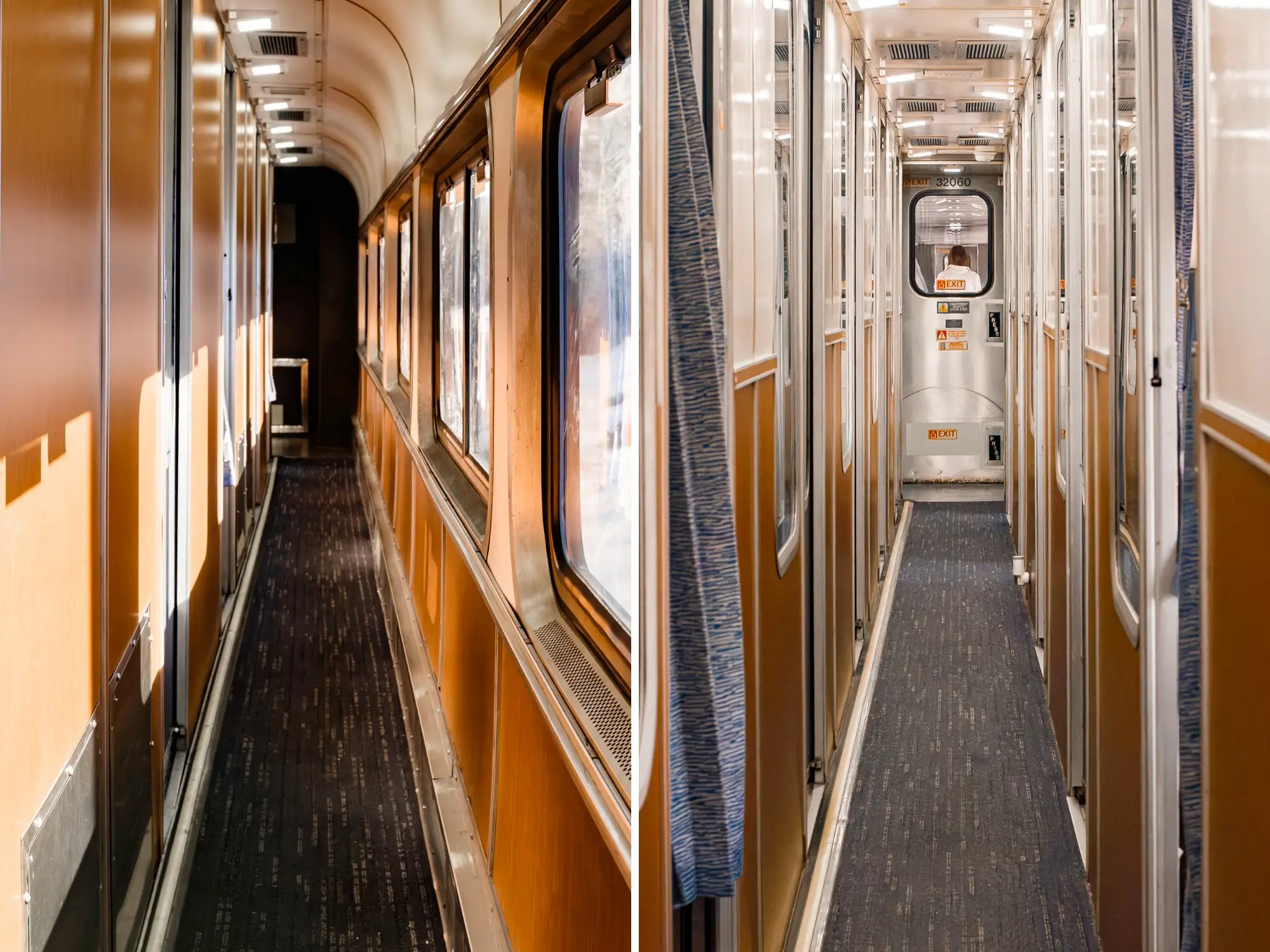 A composite image of narrow hallways on an Amtrak train