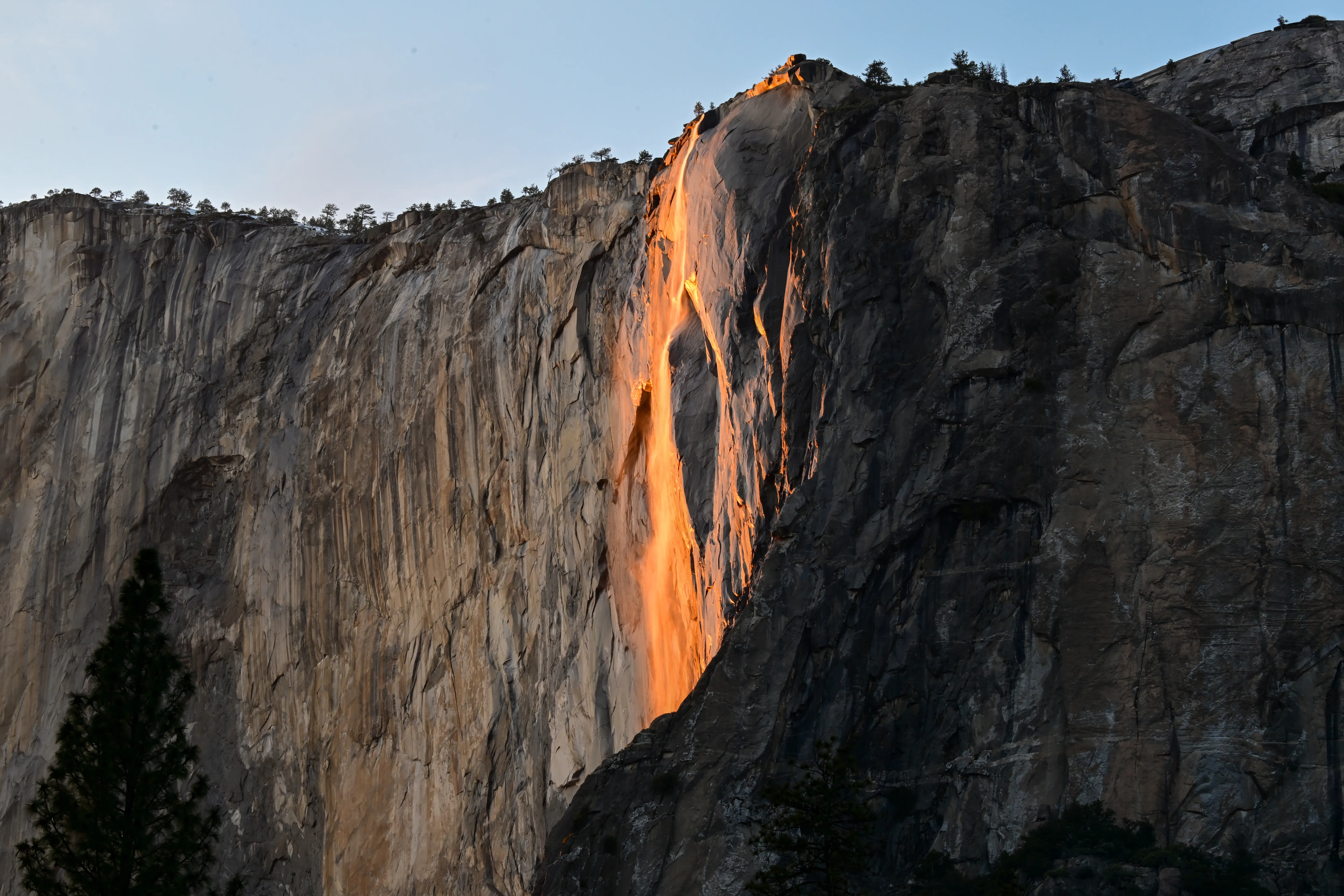 Water fall glowing bright orange on granite cliff face in Yosemite.