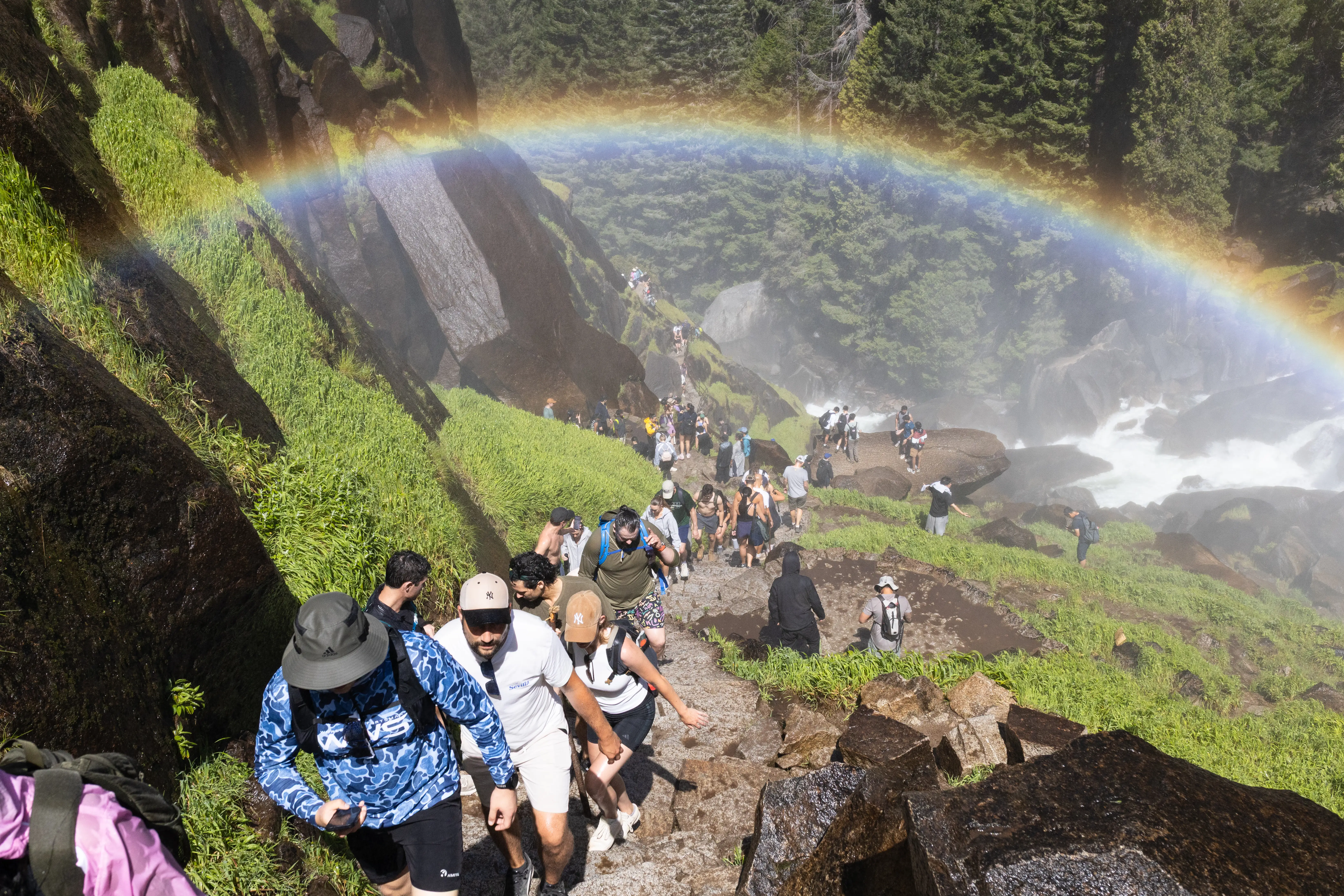 Crowds hike their way up the mist trail, one of the more popular trails in Yosemite National Park.