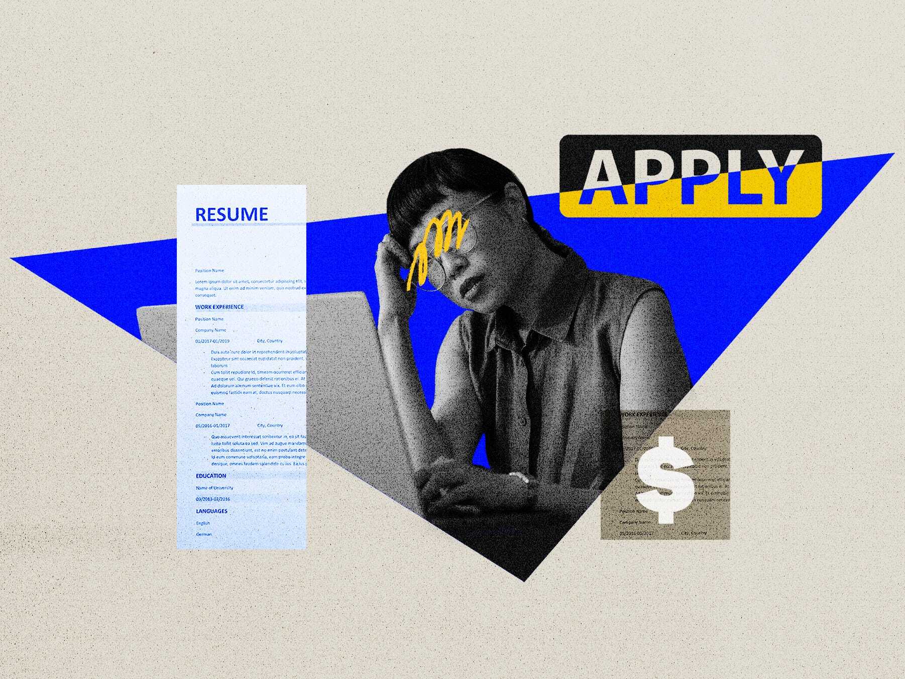 Collage of a woman applying for jobs and her résumé