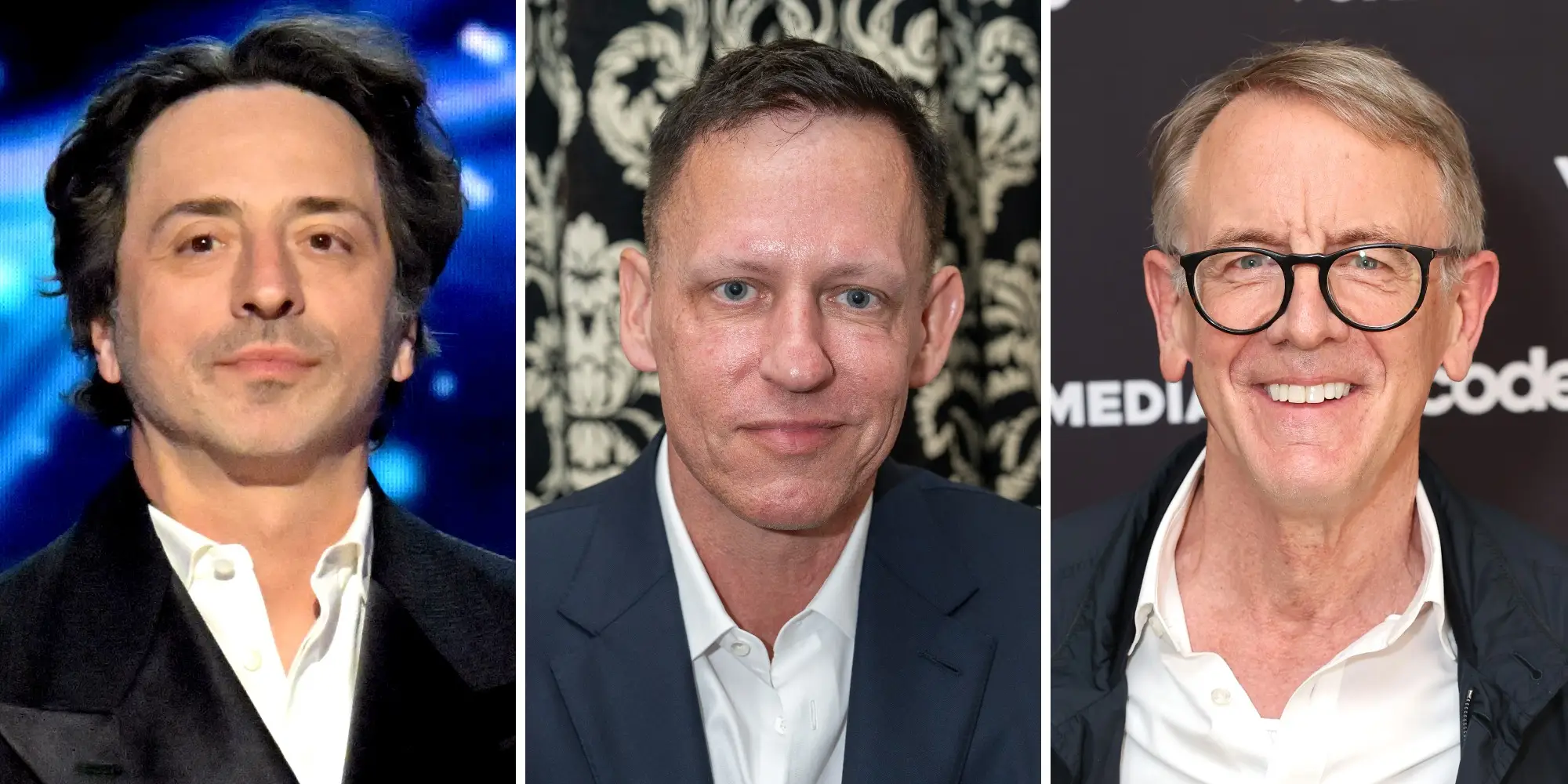 A composite image of Sergey Brin, Peter Thiel, and John Doerr