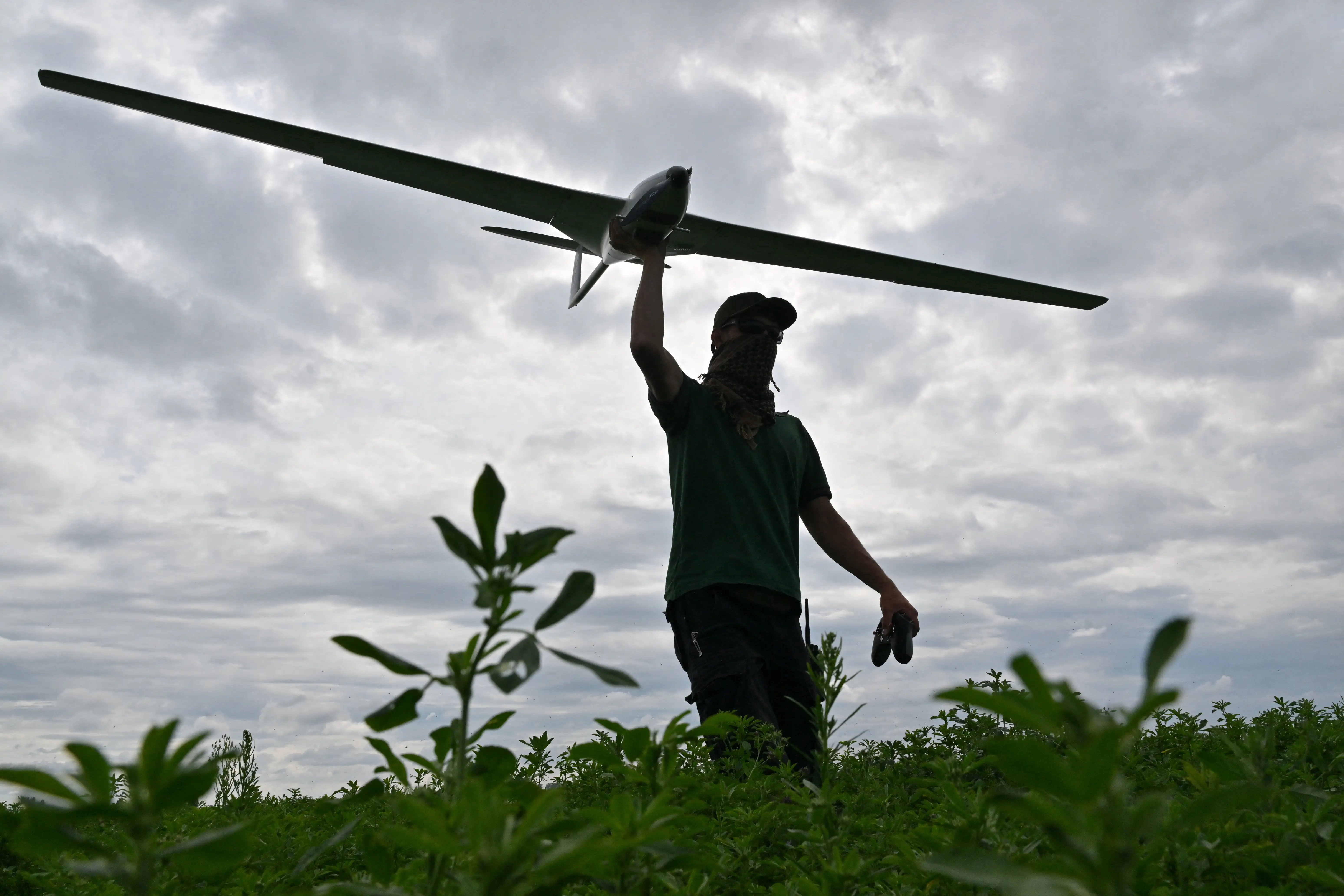 A figure silhouetted against a cloudy sky holds a large drone in the air with one hand with foliage in the foreground
