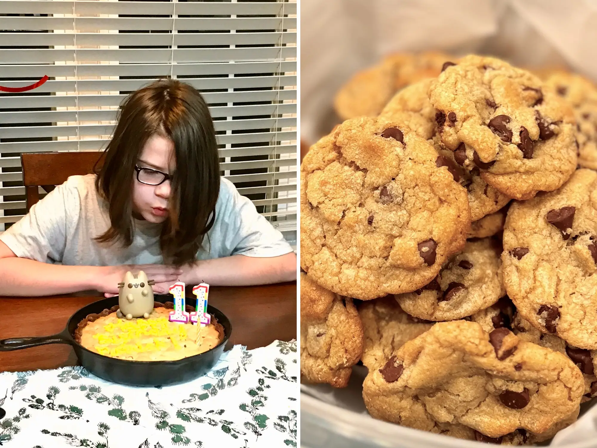 Composite image. On the left, the author's older son is blowing out a giant cookie cake with a cat decoration and two candles that say