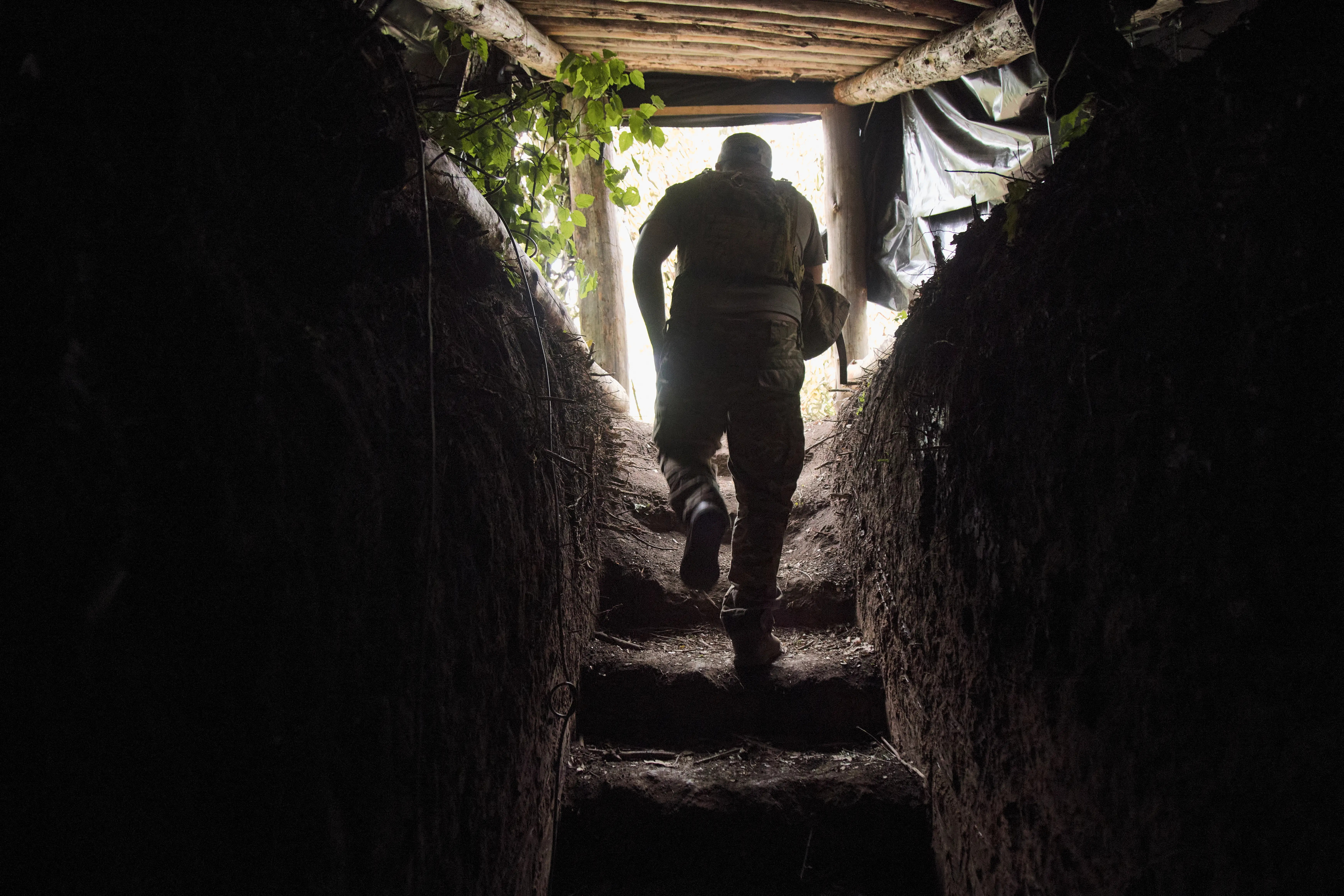 Yova, a commander of the 15th Operational Brigade Kara-Dag, leaves a bunker at an artillery position near Pokrovsk in the Donetsk region on May 27, 2026, in Pokrovsk, Ukraine.