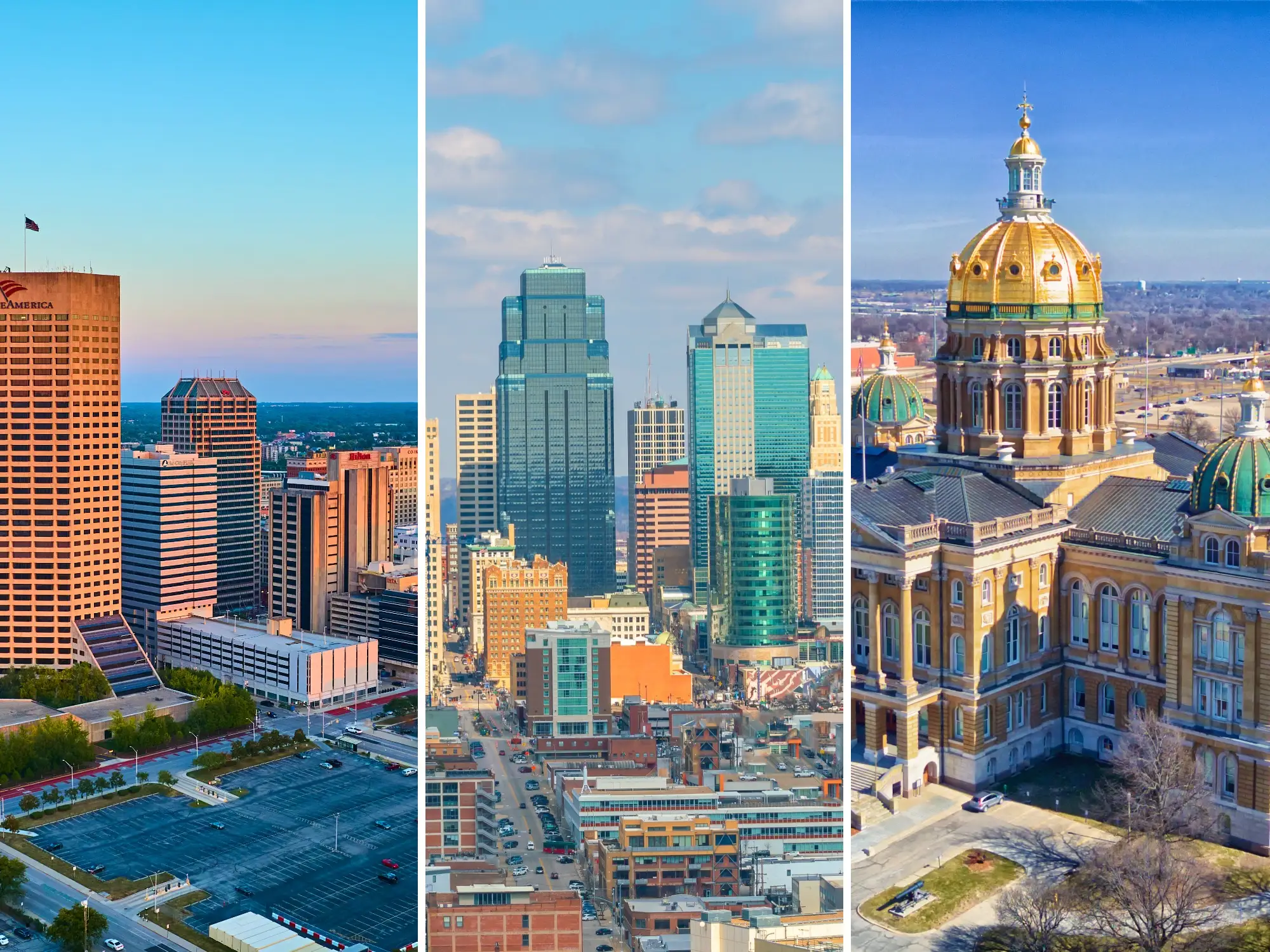 Three-panel collage shows Indianapolis, Kansas City, and the Iowa State Capitol in Des Moines.