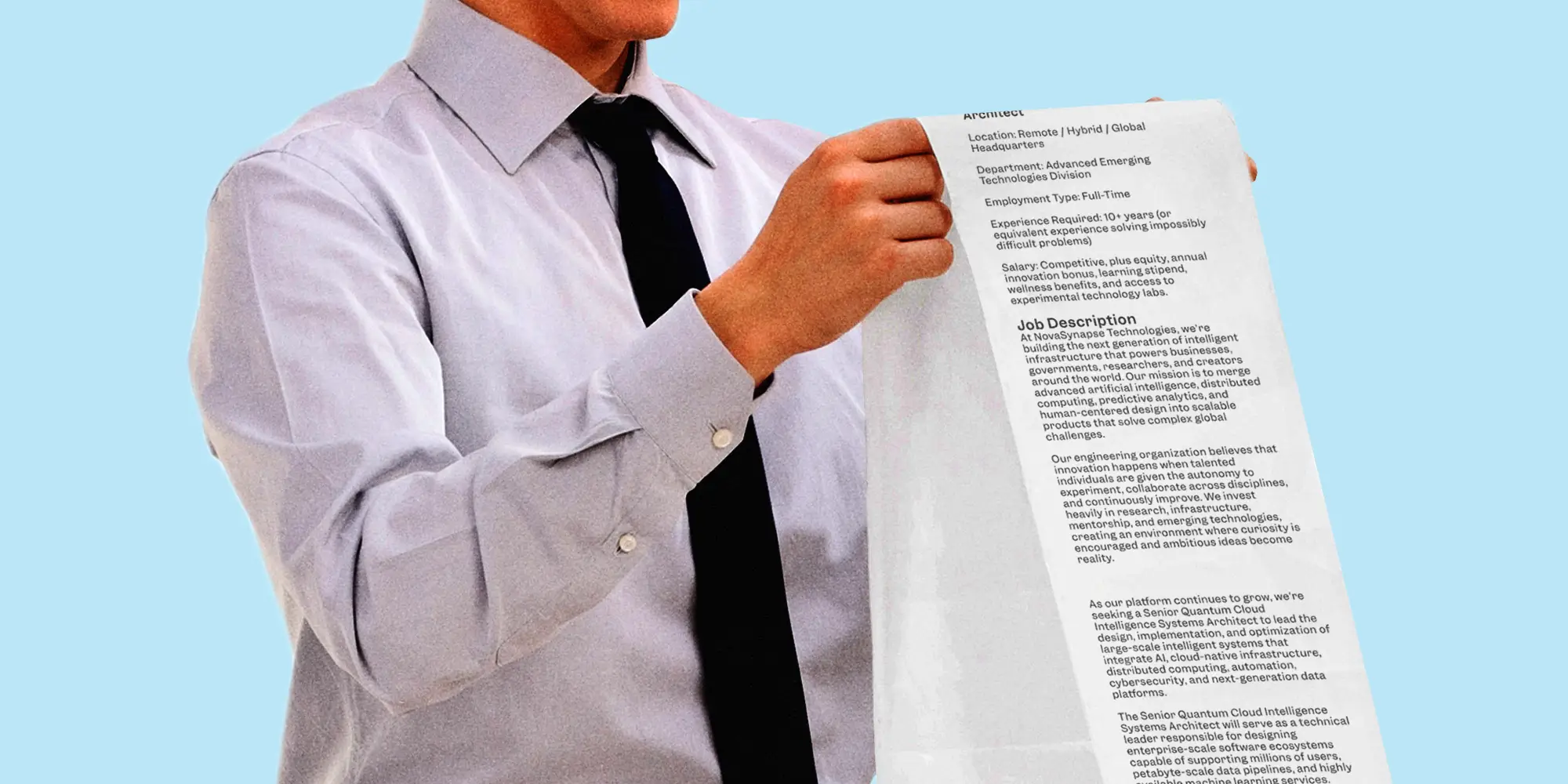 A man in a dress shirt and black tie holds a very long printed job description.
