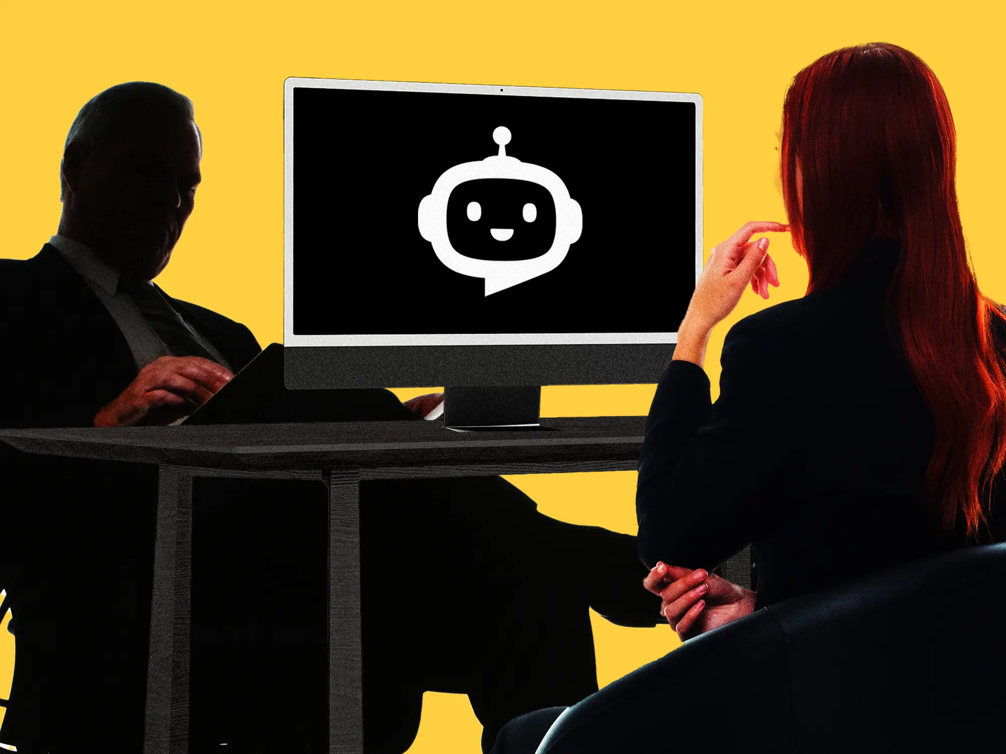 A Business man and a business woman at a desk with an AI Chatbot in between them
