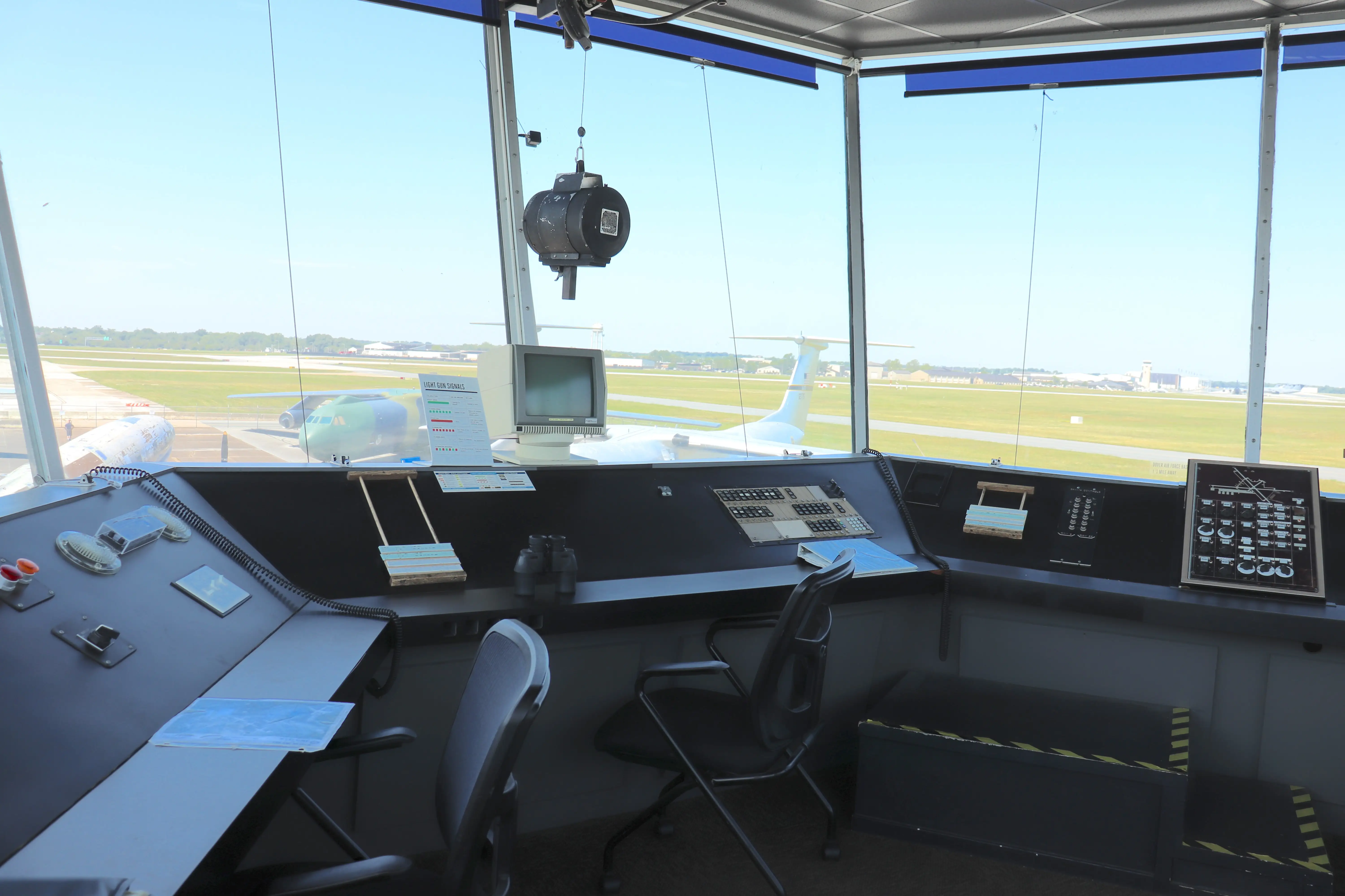 Inside an air traffic control tower at the Air Mobility Command Museum.