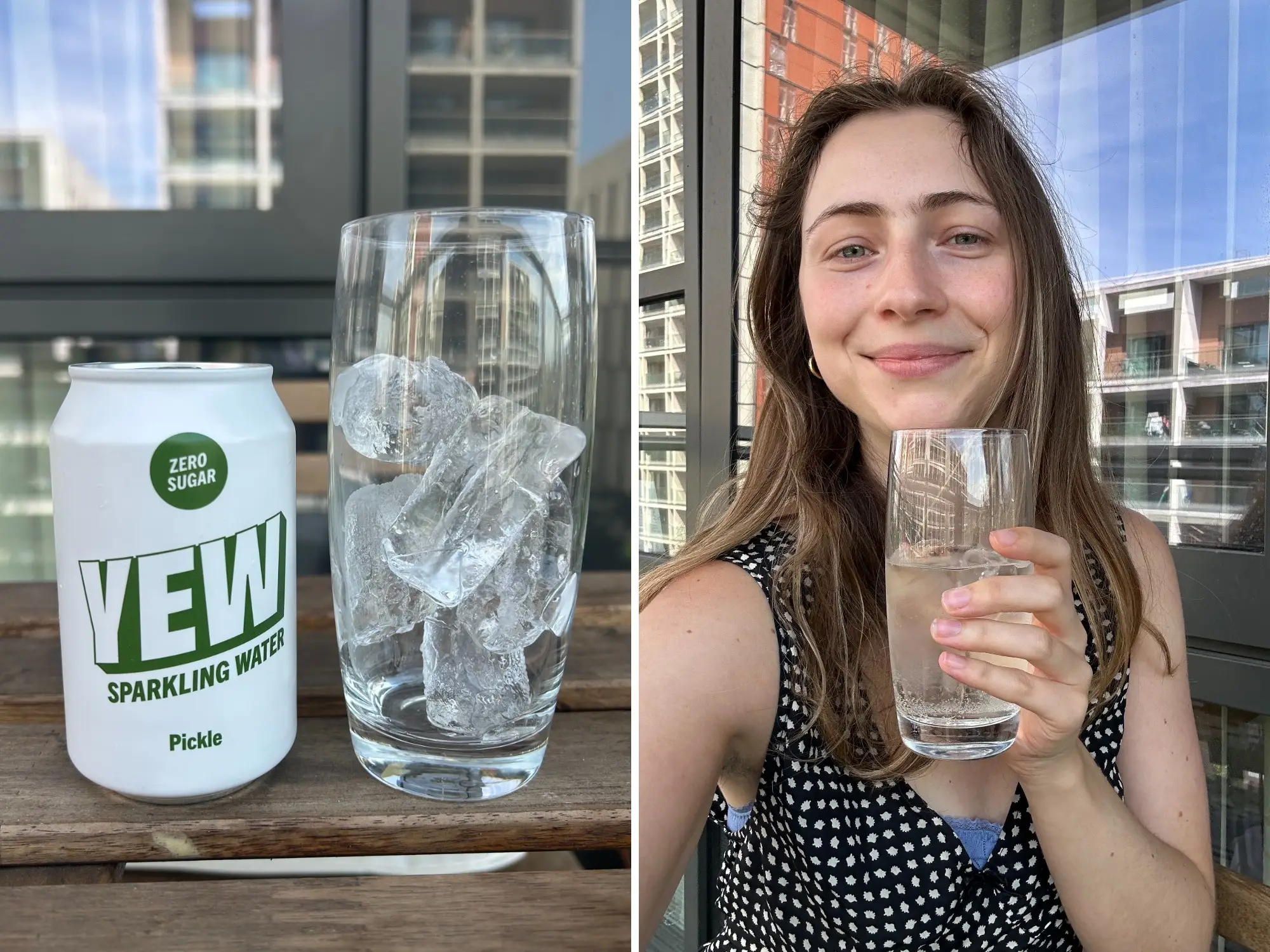A can of YEW Pickle sparkling water sits beside ice, with a person holding a glass on a balcony.