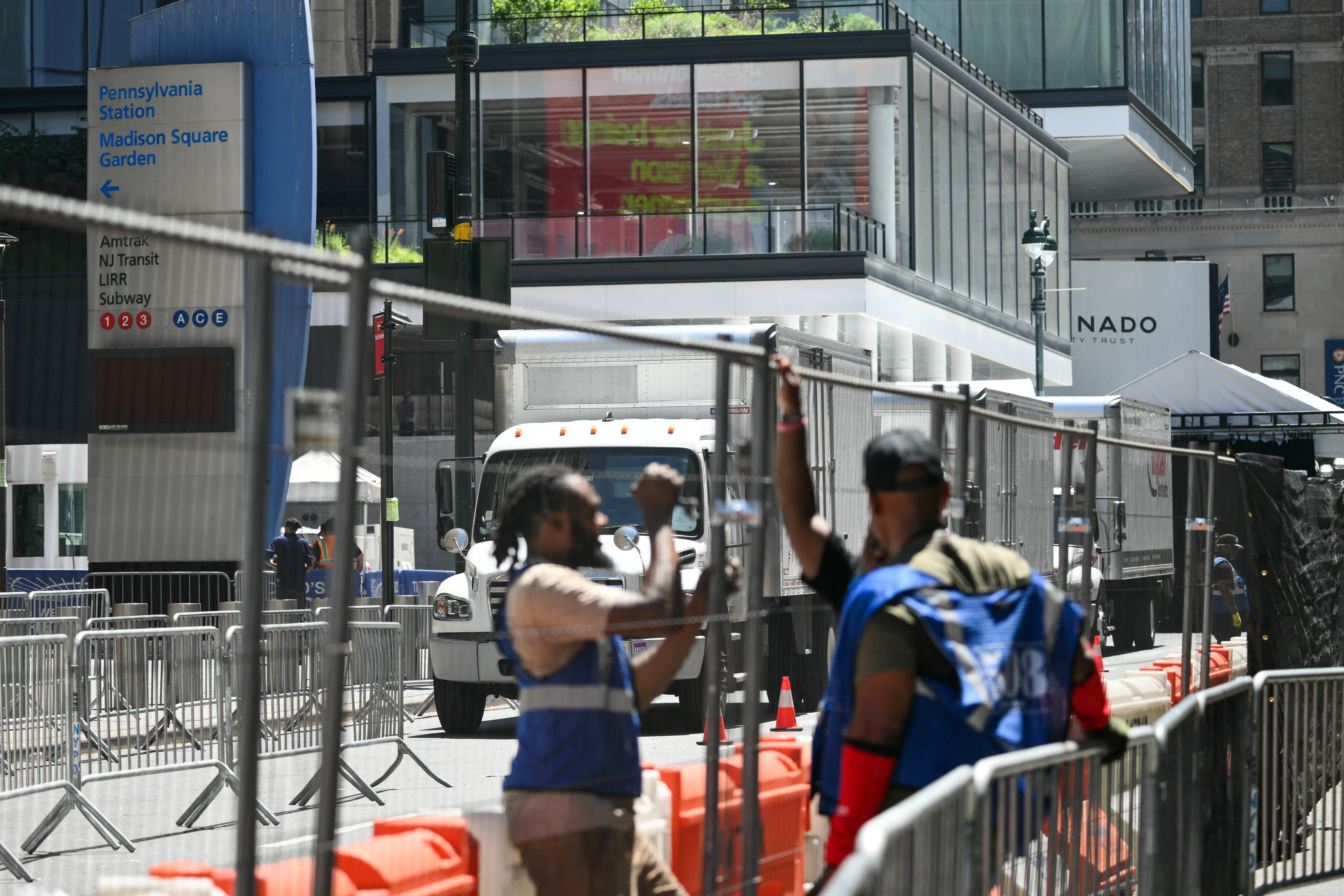 Trucks and security fencing are seen outside Madison Square Garden, the reported venue for the wedding celebrations of Taylor Swift and Travis Kelce.