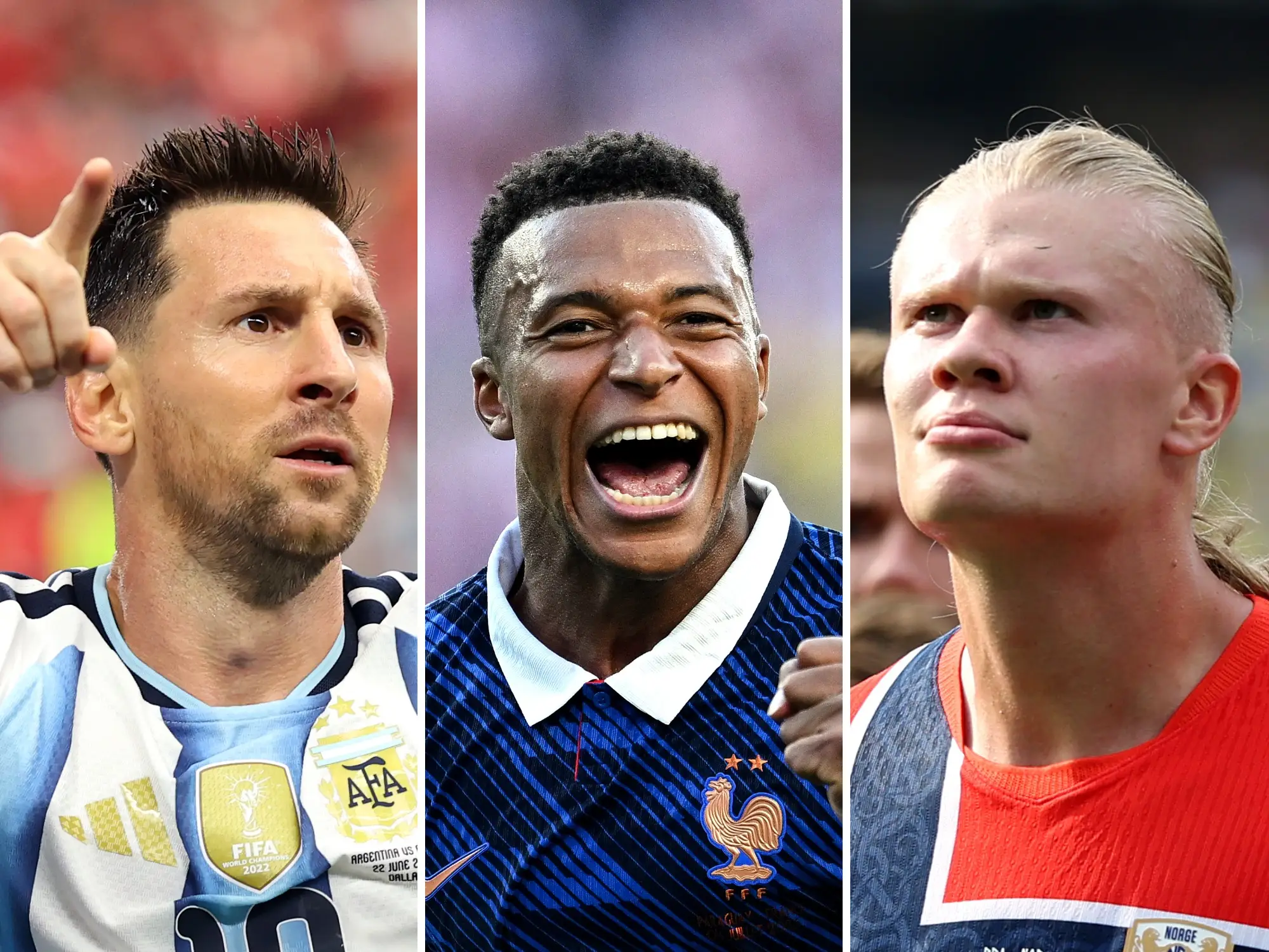 A collage of Lionel Messi pointing, Kylian Mbappé pumping his fist in celebration and smiling, and Erling Haaland pouting after scoring a goal.